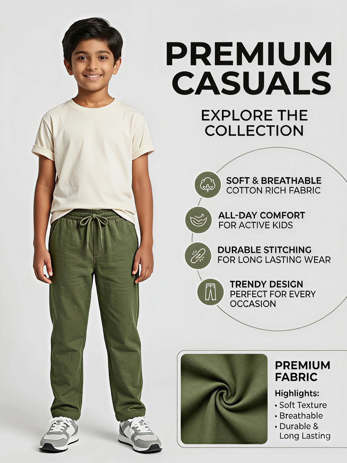 Boys' Forest Green Lightweight Casual Cotton Pants