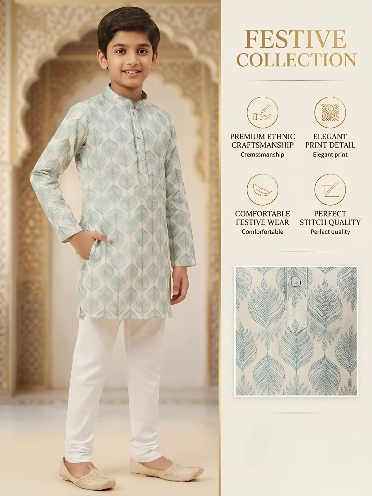 Green Leaf Print Kurta Pajama Set for Boys