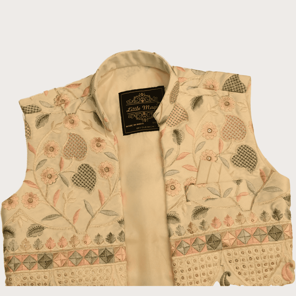 Boys Traditional Little Magic Printed Indo Western Kurta Set - Cream