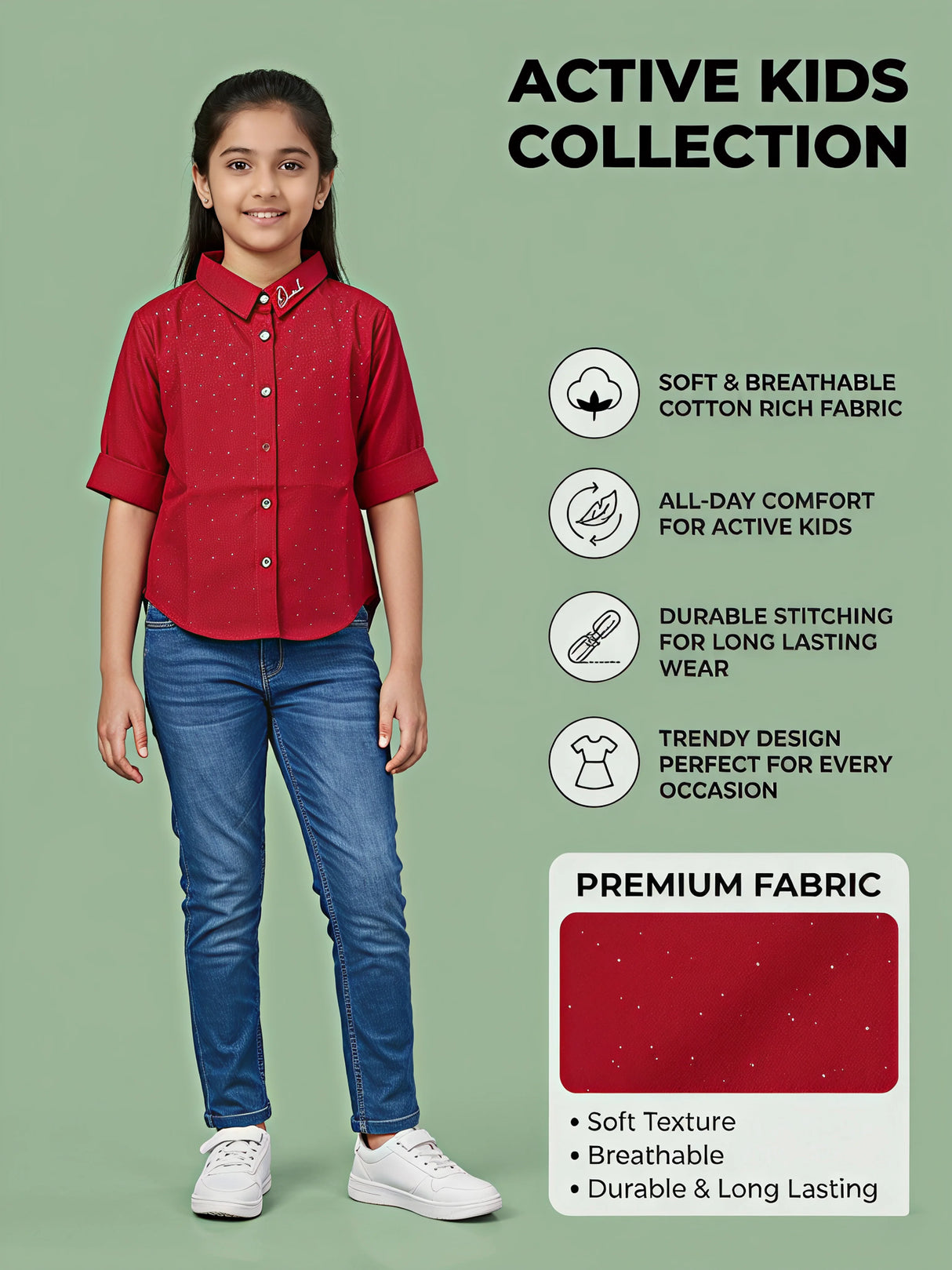 Girls Red Sparkle Collared Shirt - Elegant Casual Wear