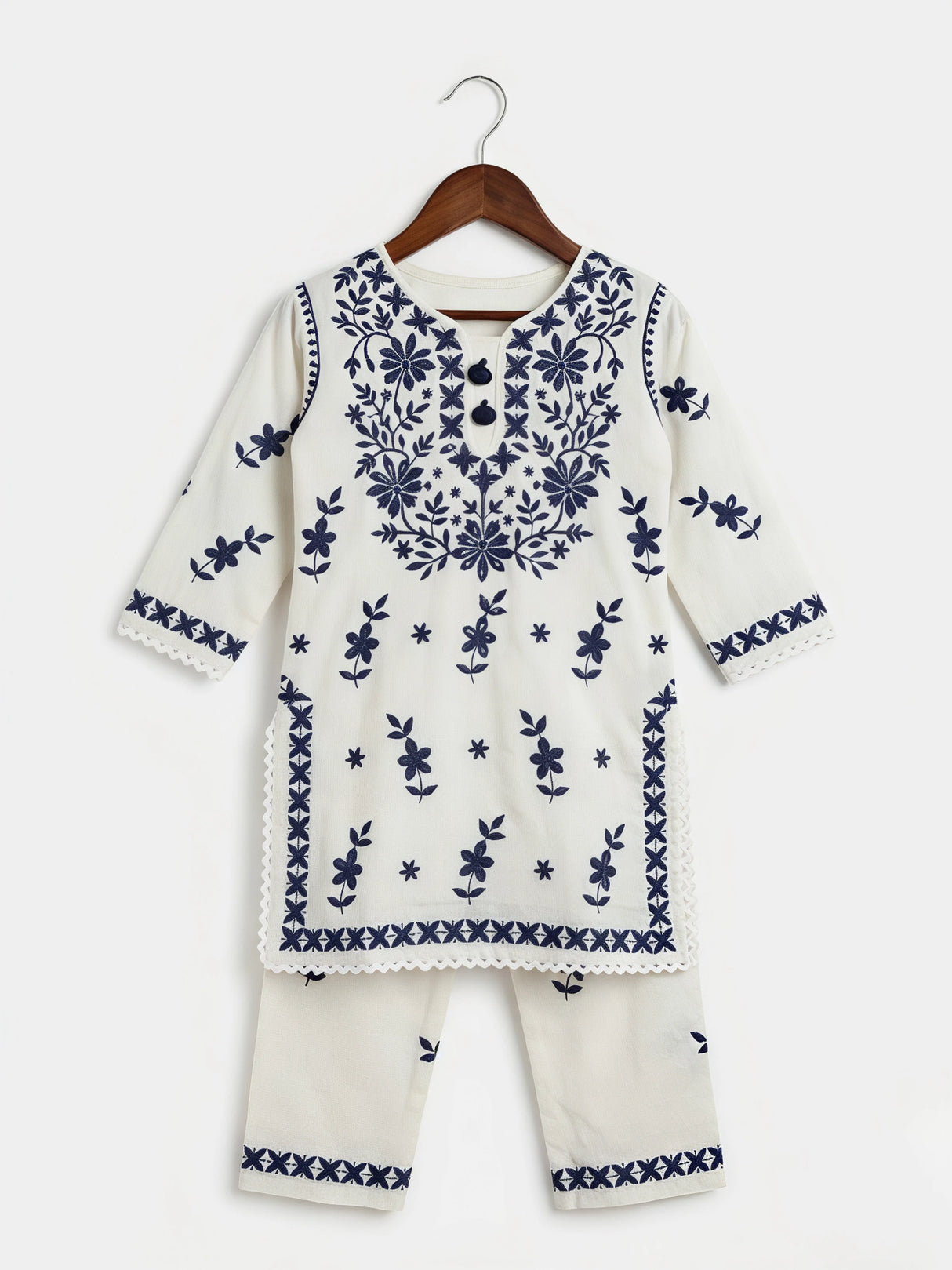 Girls' White Kurti & Trouser Set with Navy Blue Lucknowi Embroidery ()