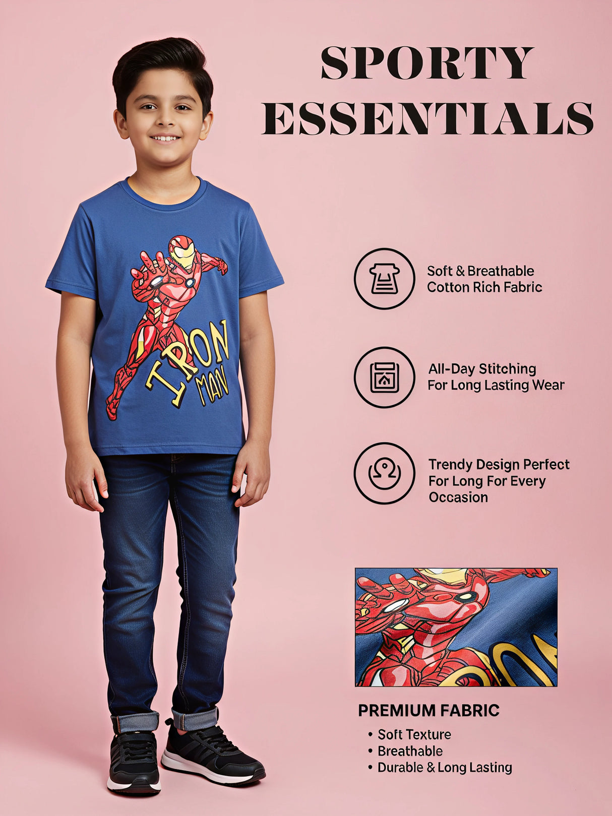 Boys Blue Marvel Iron Man Graphic Printed Round Neck T-Shirt.