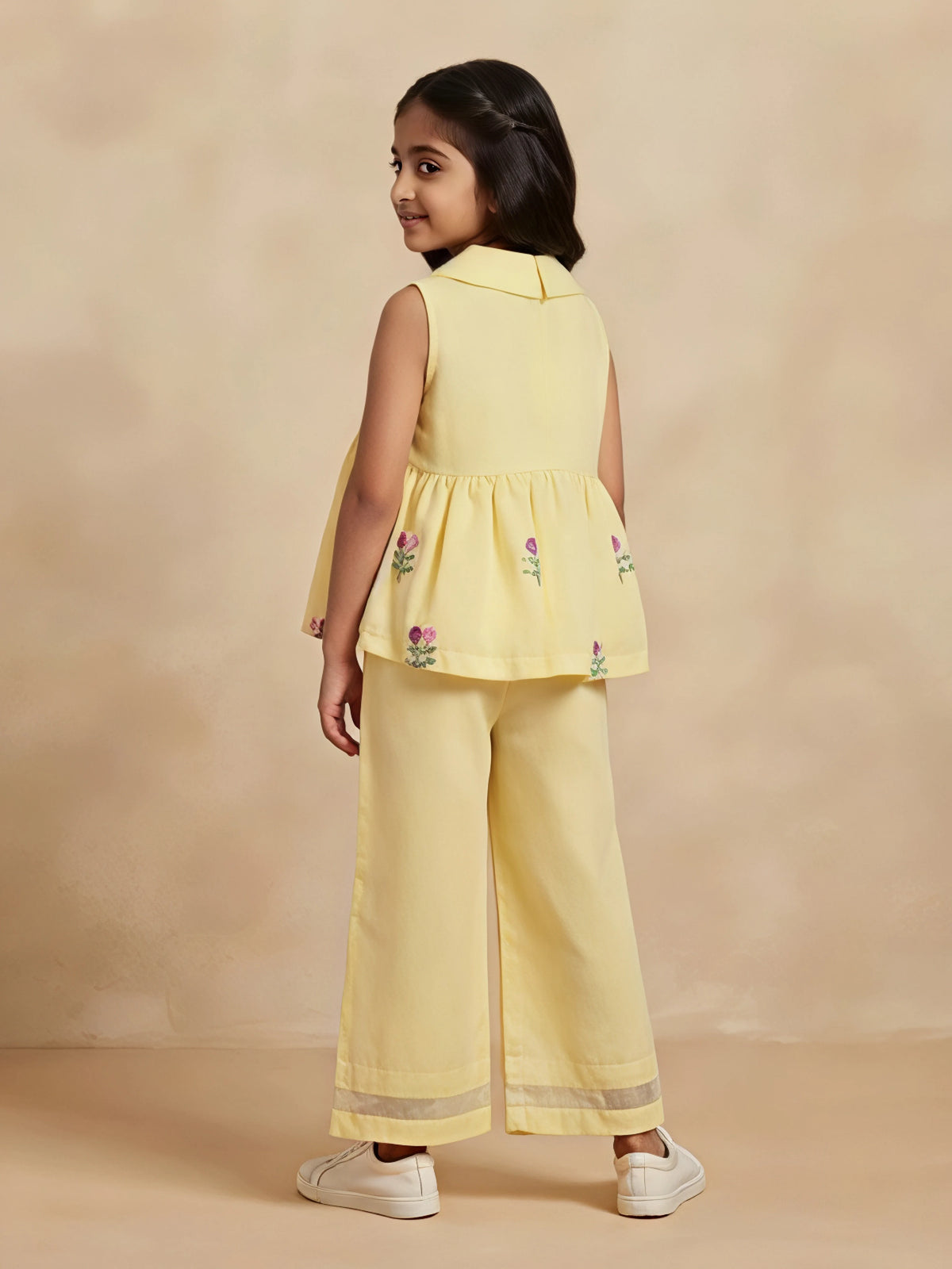 Girls Yellow Floral Embroidered Two Piece Co-Ord Set.