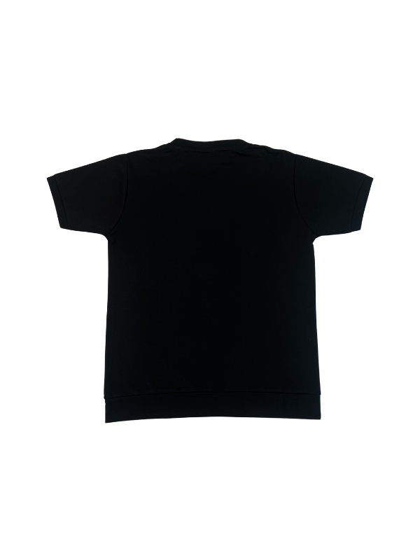 Black boys' matching coordinate set, including a short-sleeve T-shirt with a large metallic triangle logo and black shorts with a white logo graphic and drawstring