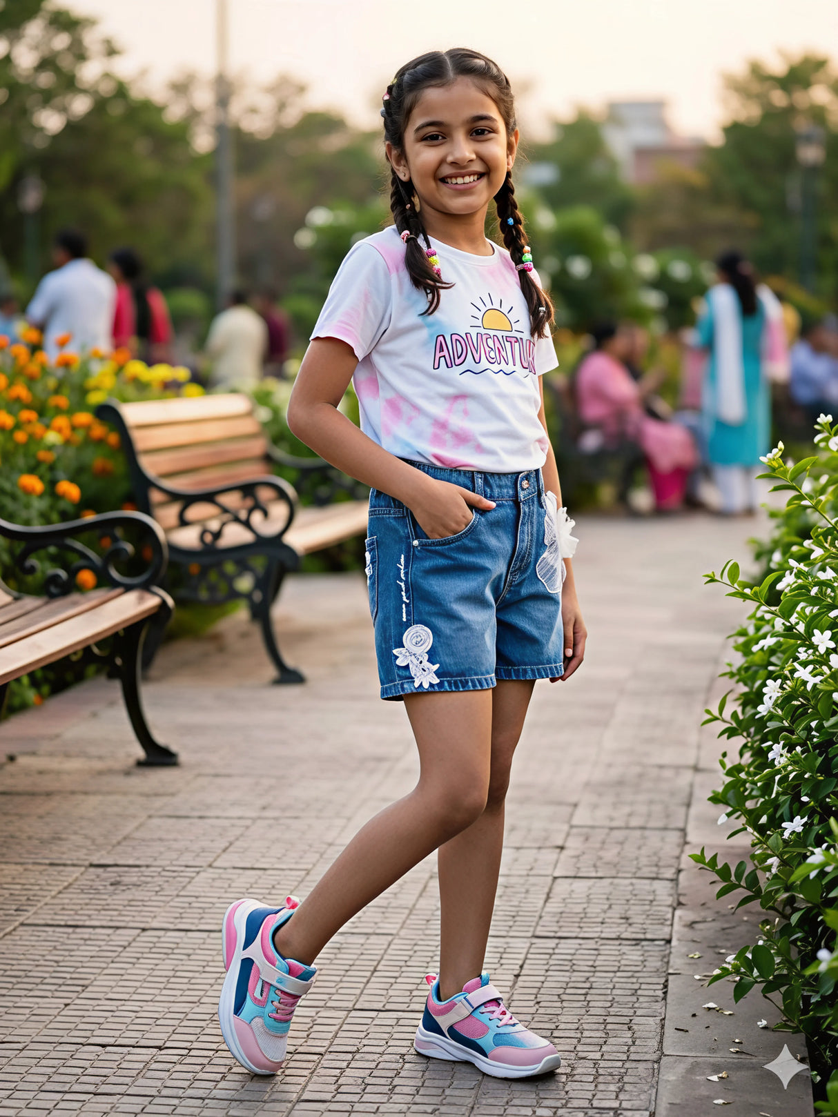 Girls Navy Blue Embroidered Denim Shorts.
