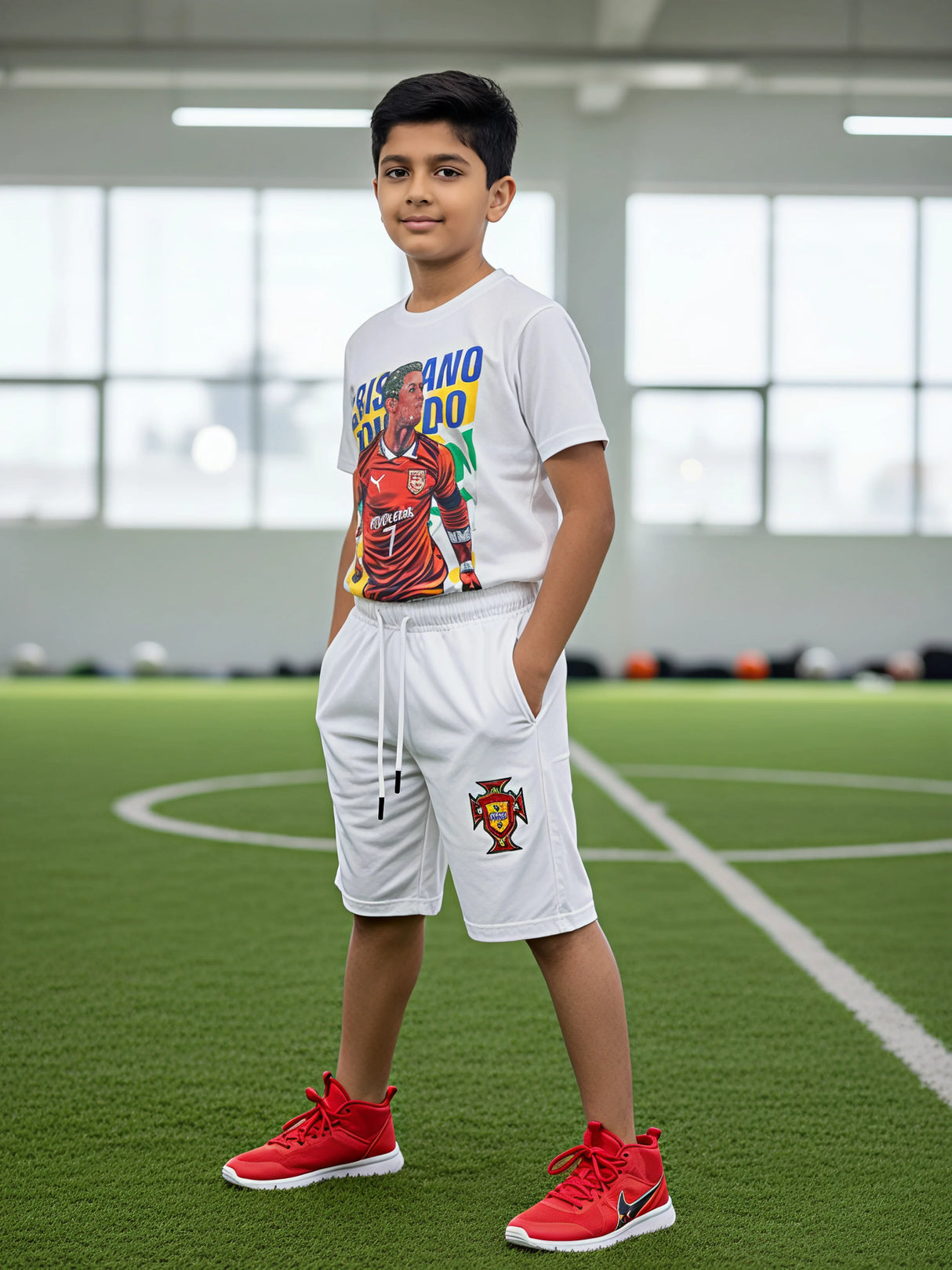 Young boy standing on a green football turf wearing a white graphic t-shirt with a Cristiano Ronaldo print and matching white sports shorts with a crest patch and side pockets.