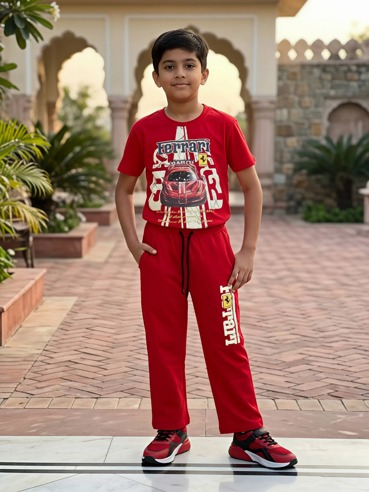 Young boy wearing a red Ferrari graphic t-shirt and matching red joggers coordinate set outdoors.