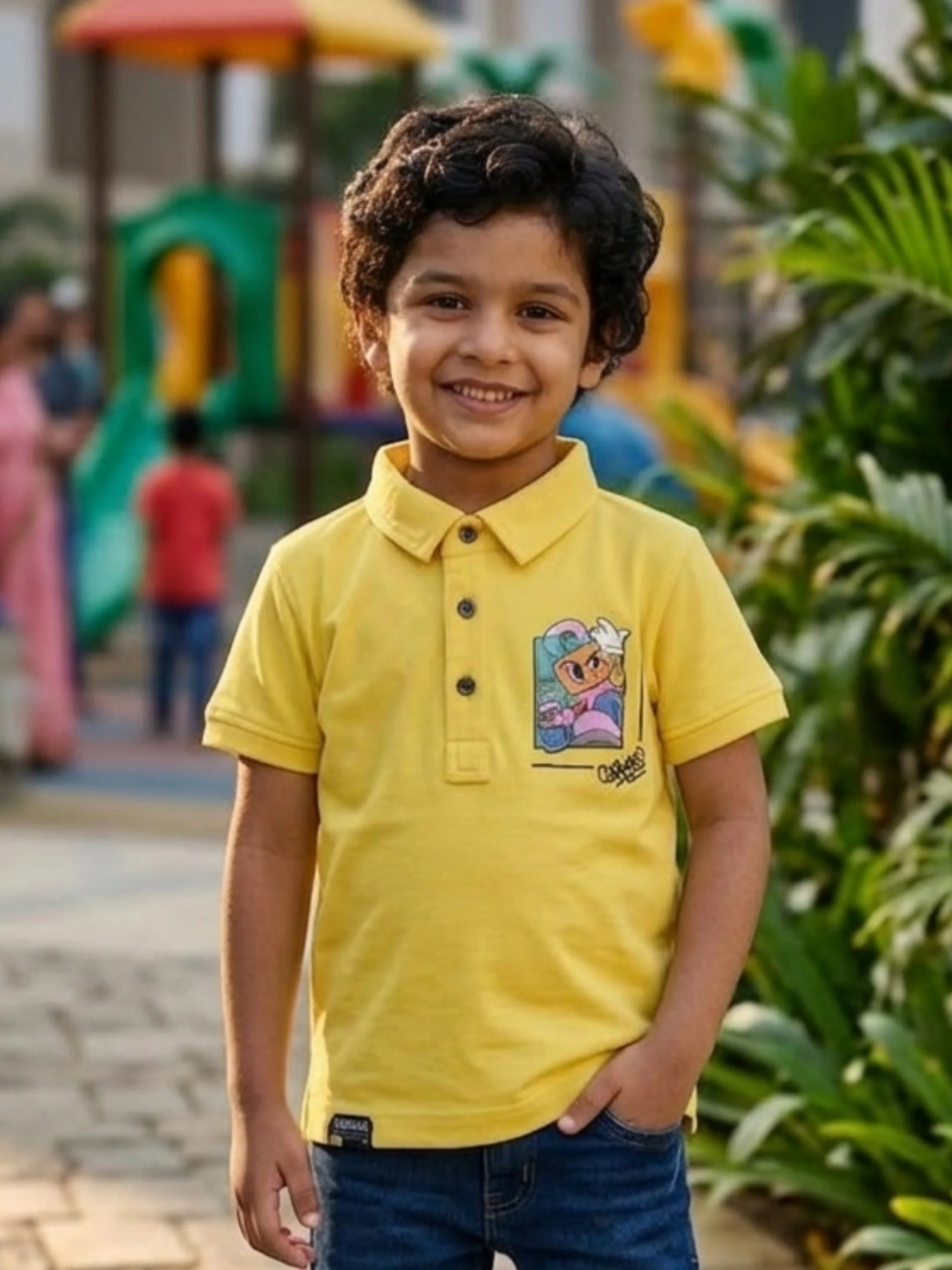Boys Vibrant Yellow Graphic Polo T-Shirt