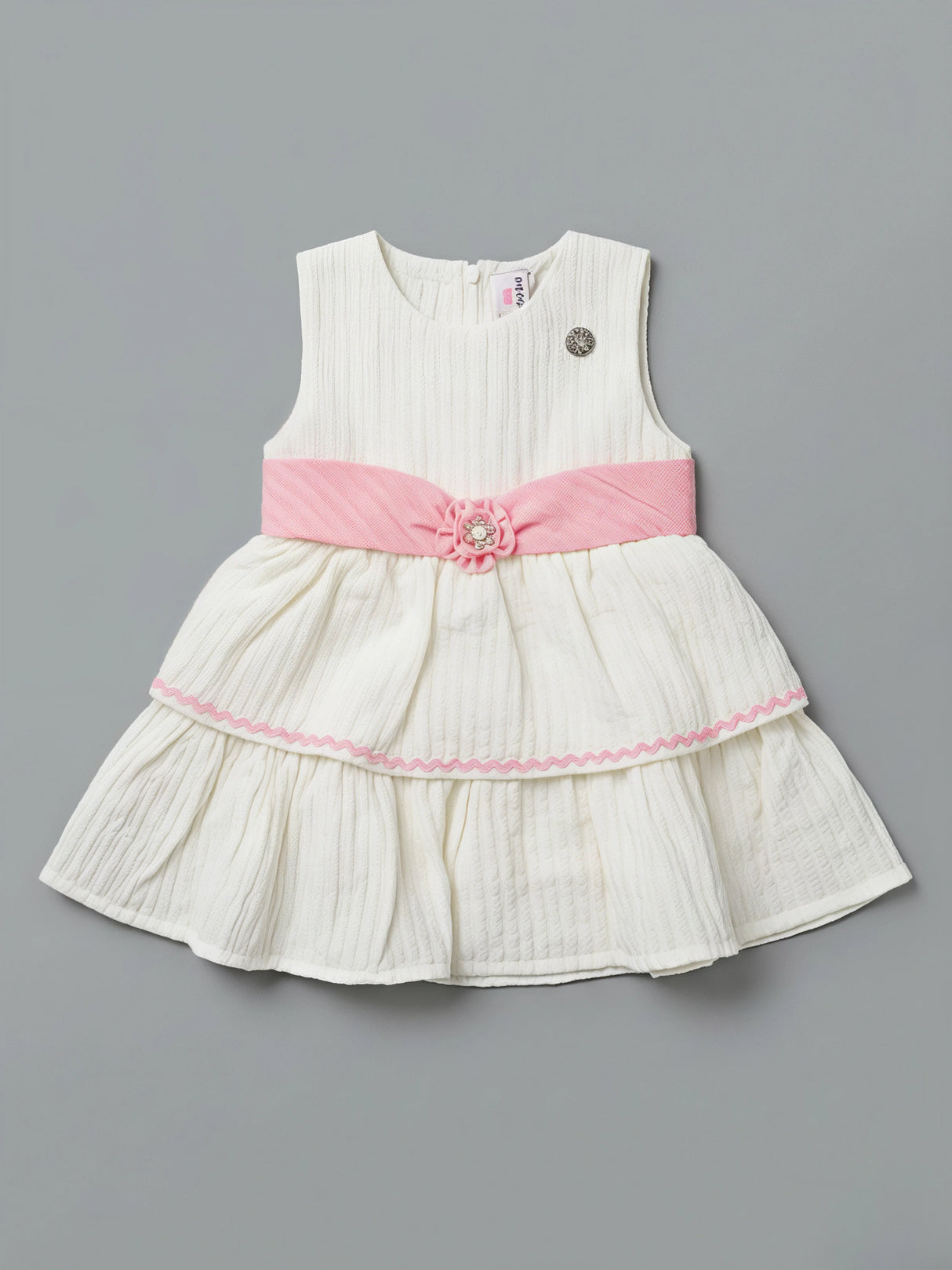 Cream Tiered Party Frock with Pink Floral Sash