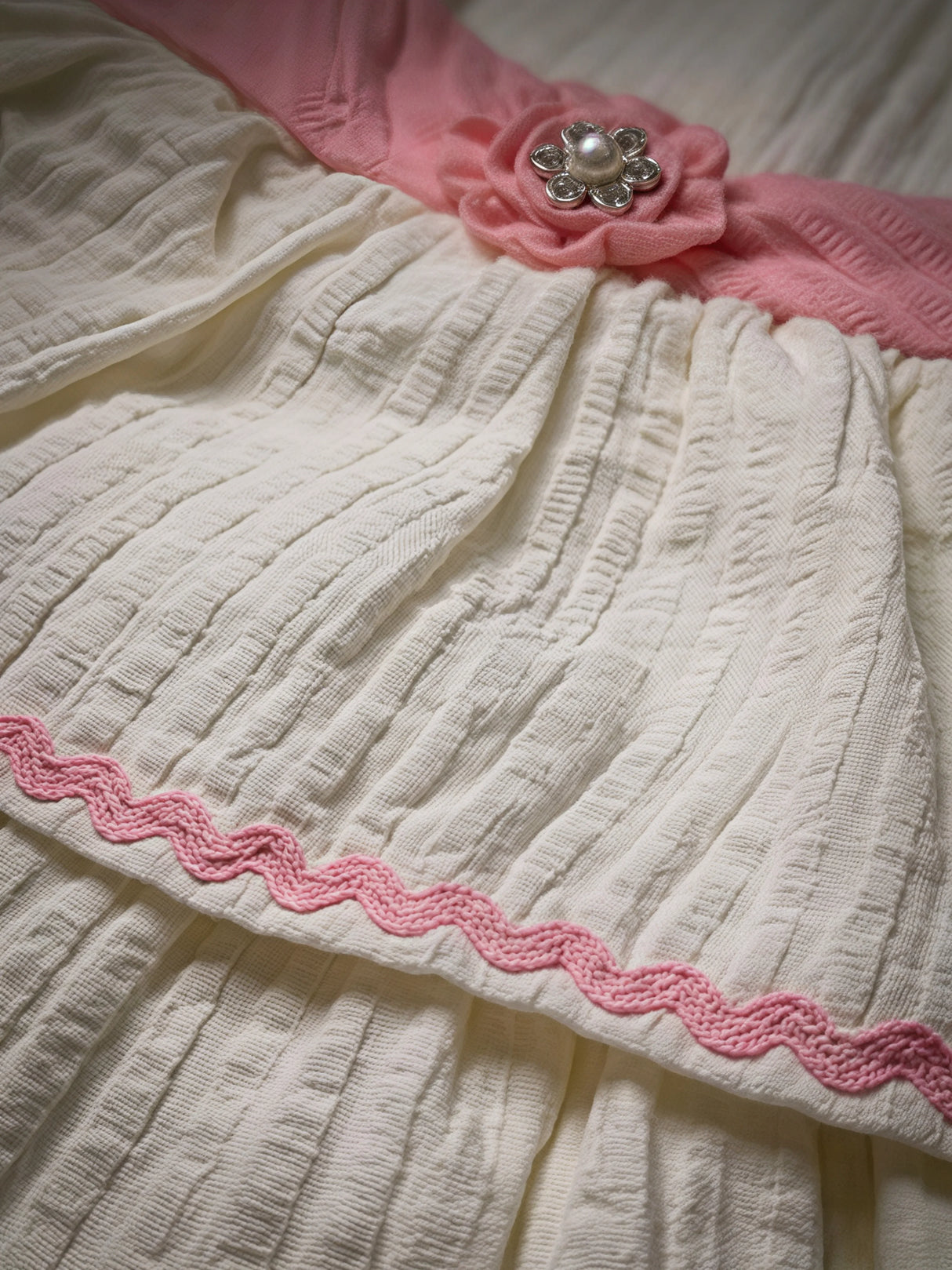 Cream Tiered Party Frock with Pink Floral Sash