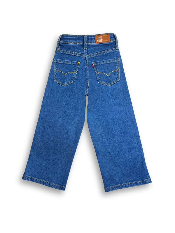 Medium blue wash children's wide-leg denim jeans with a high-waist fit and gold contrast stitching