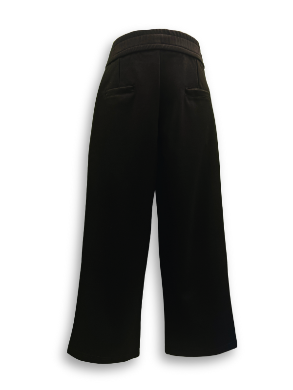 Girls' navy blue wide-leg trousers with a smooth, tailored fit, featuring a gold zipper accent and a fine metallic gold glitter stripe down the side seam.
