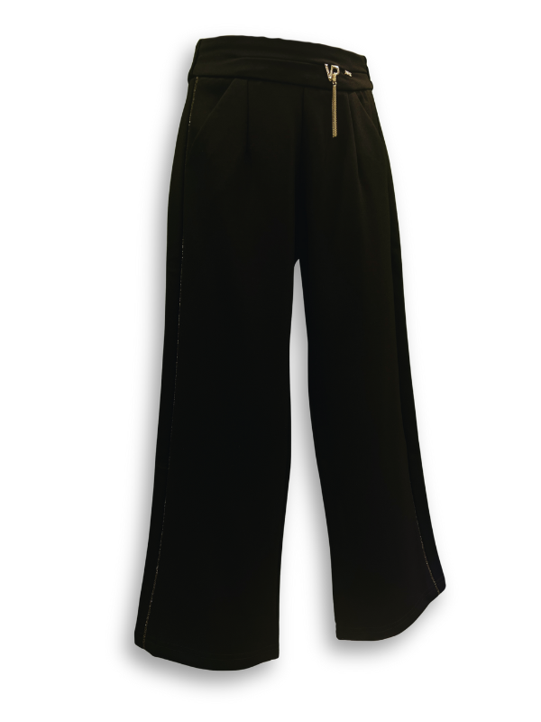 Girls' navy blue wide-leg trousers with a smooth, tailored fit, featuring a gold zipper accent and a fine metallic gold glitter stripe down the side seam.
