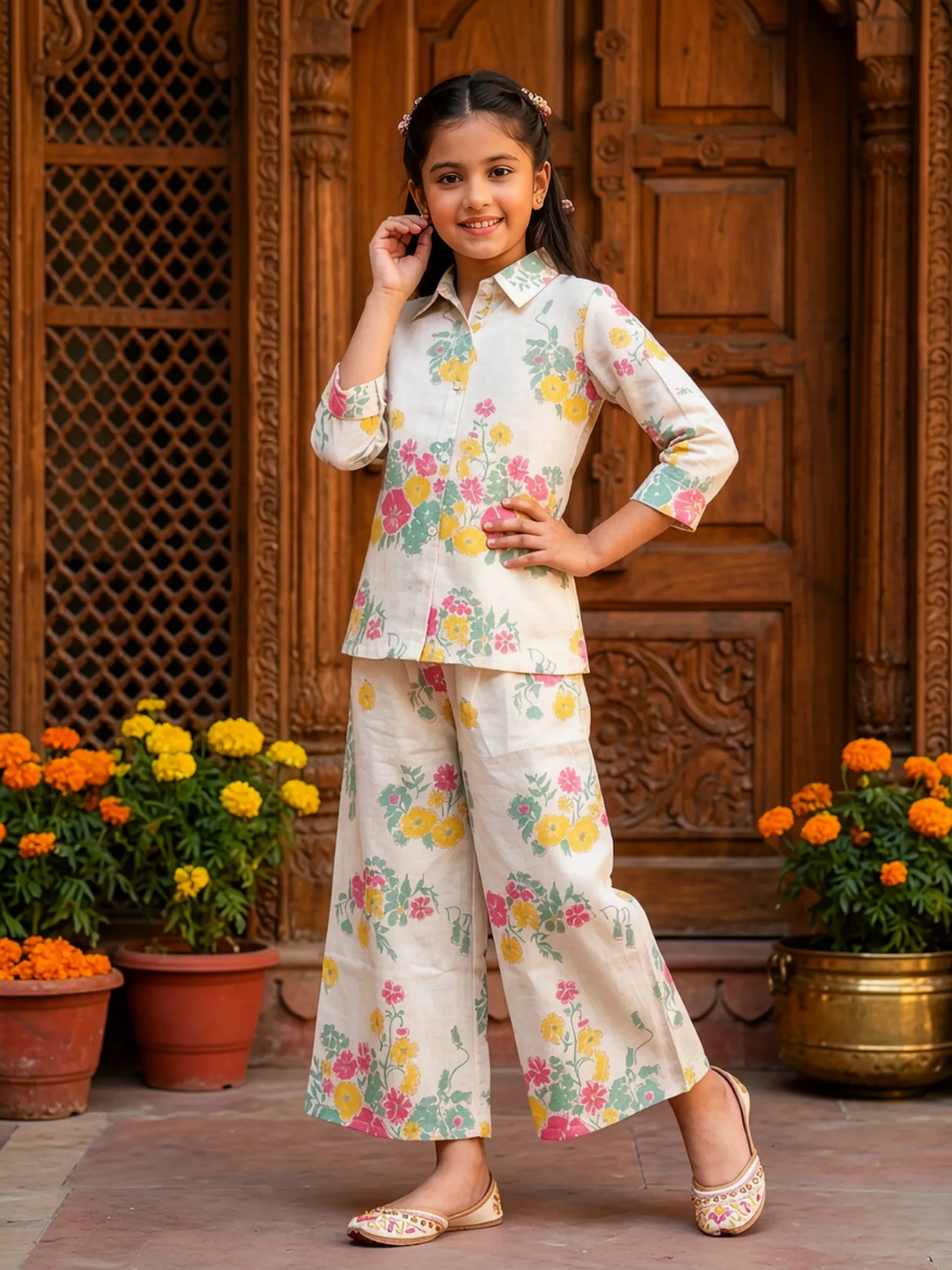 Girls Floral Print Cotton Palazzo Set in Mint Green
