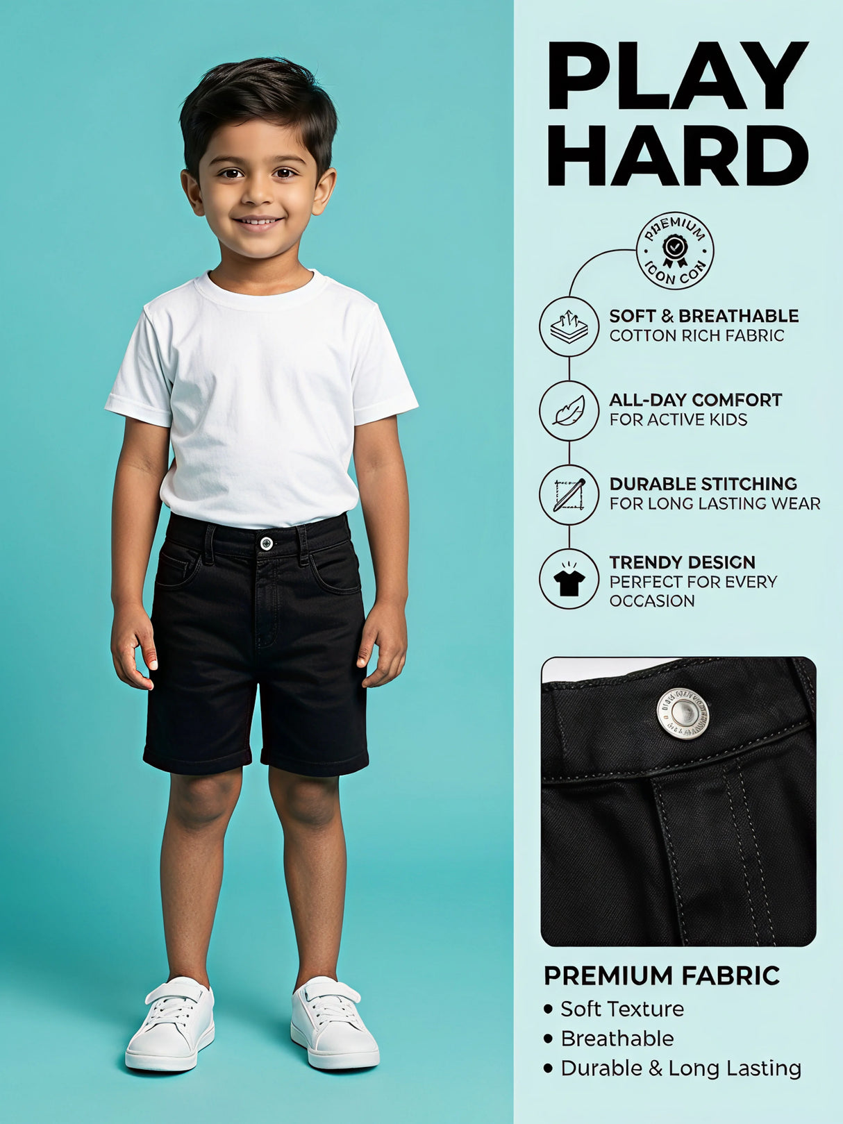 Boys Black Casual Denim Shorts