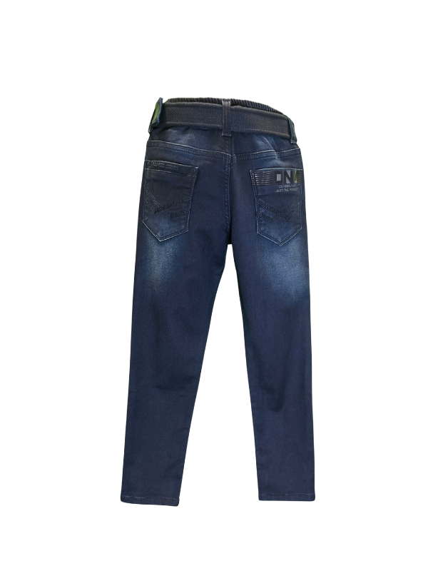 Boys' dark blue wash denim jeans in a classic straight-leg cut, featuring an elastic waistband and a thick beige web belt with a silver rectangular buckle.
Export to Sheets