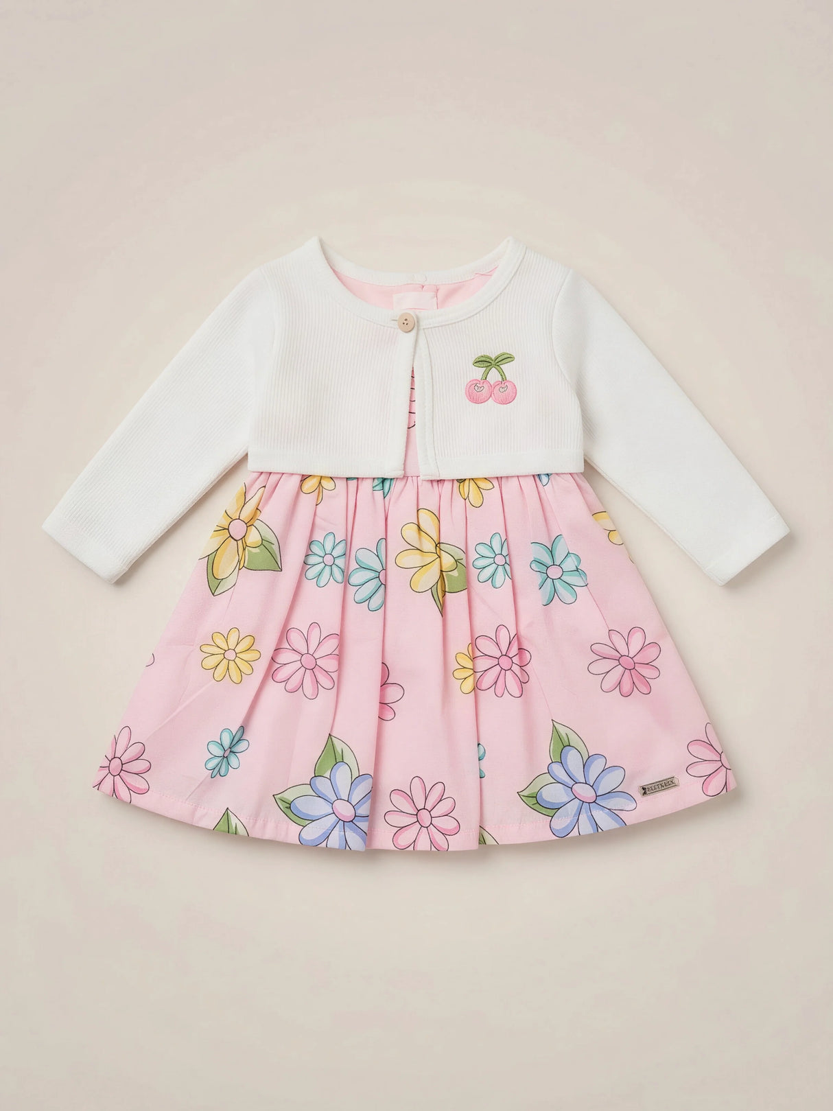 Girls Peach Floral Frock with White Koti Jacket
