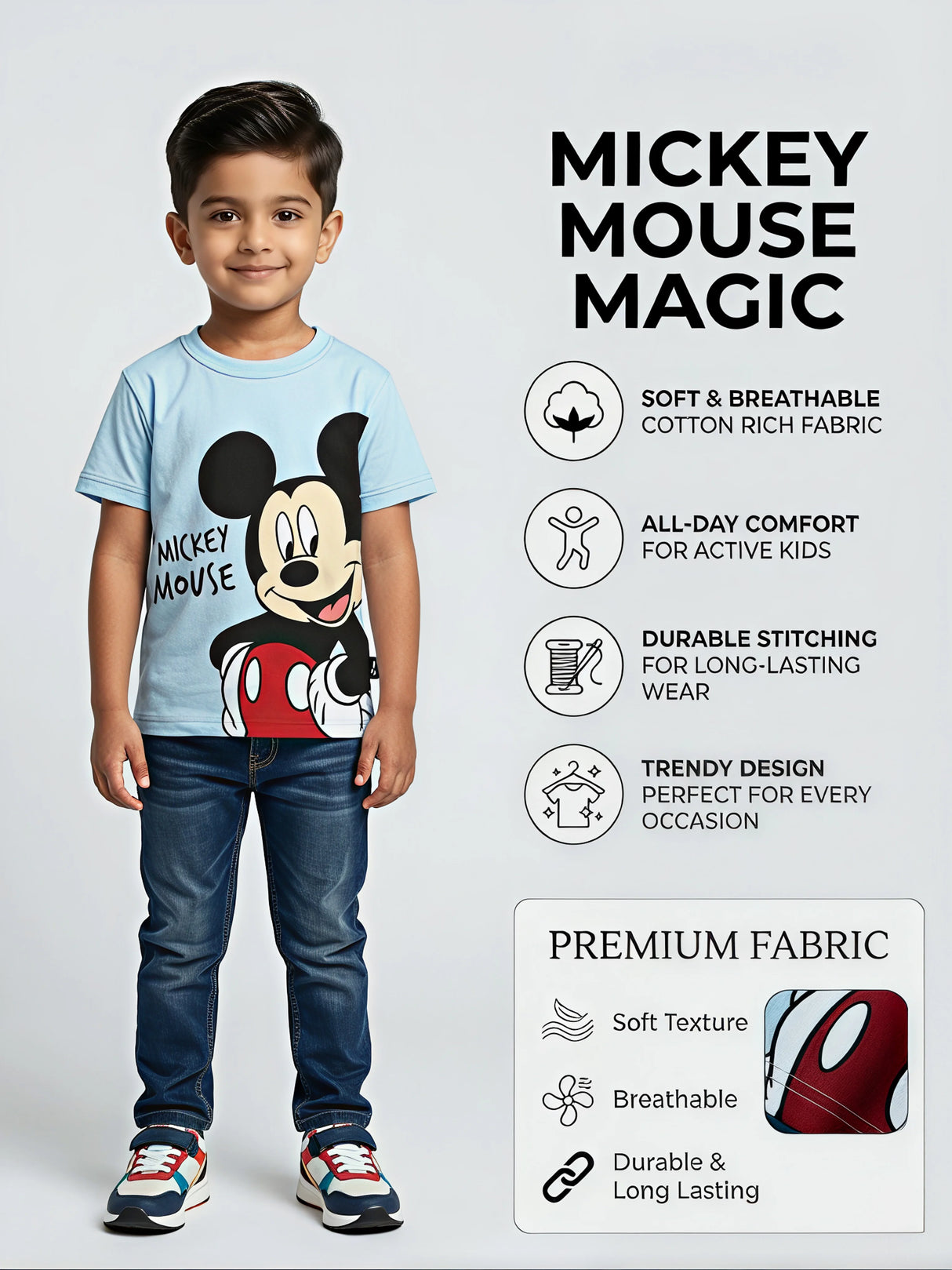 Boys Light Blue Mickey Mouse Graphic T-Shirt
