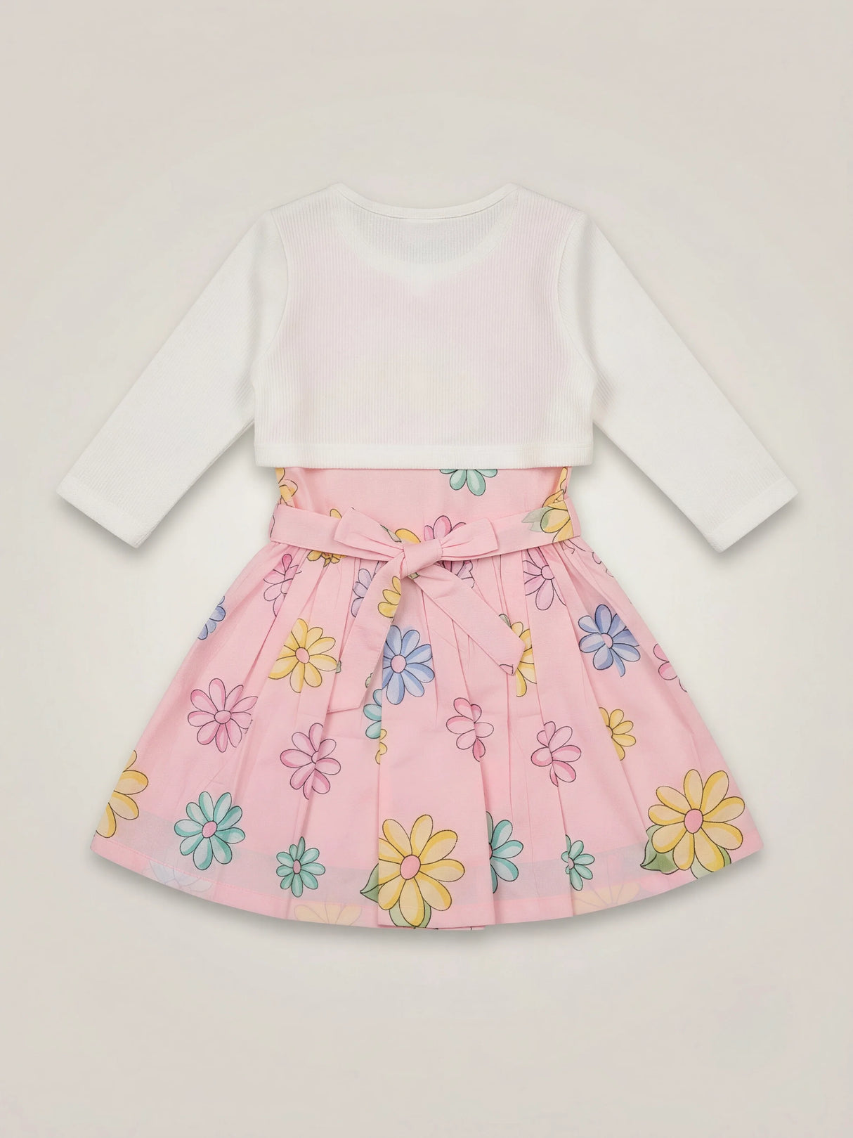 Girls Peach Floral Frock with White Koti Jacket