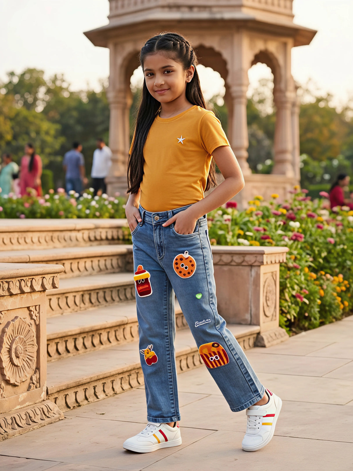 Girls Blue Food-Themed Patchwork Jeans