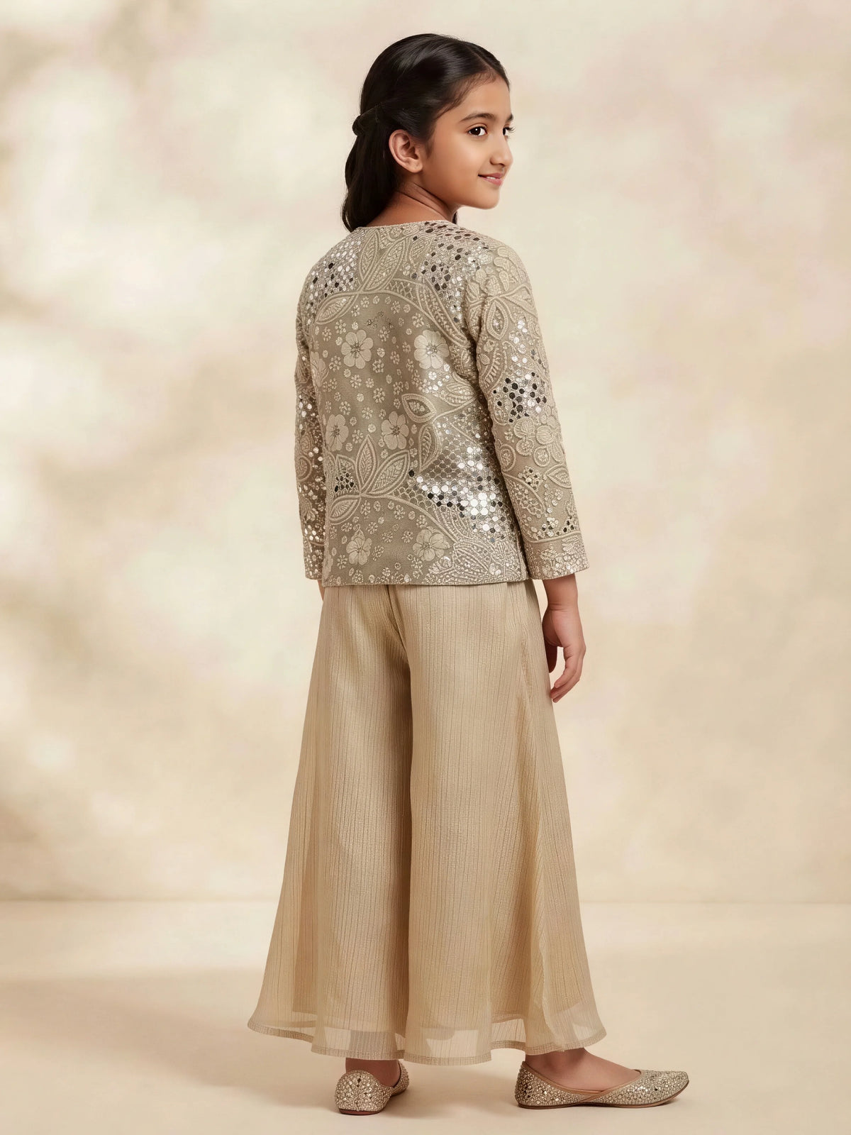 Cream Embroidered Mirror Work Plazzo Set with Jacket for Girls