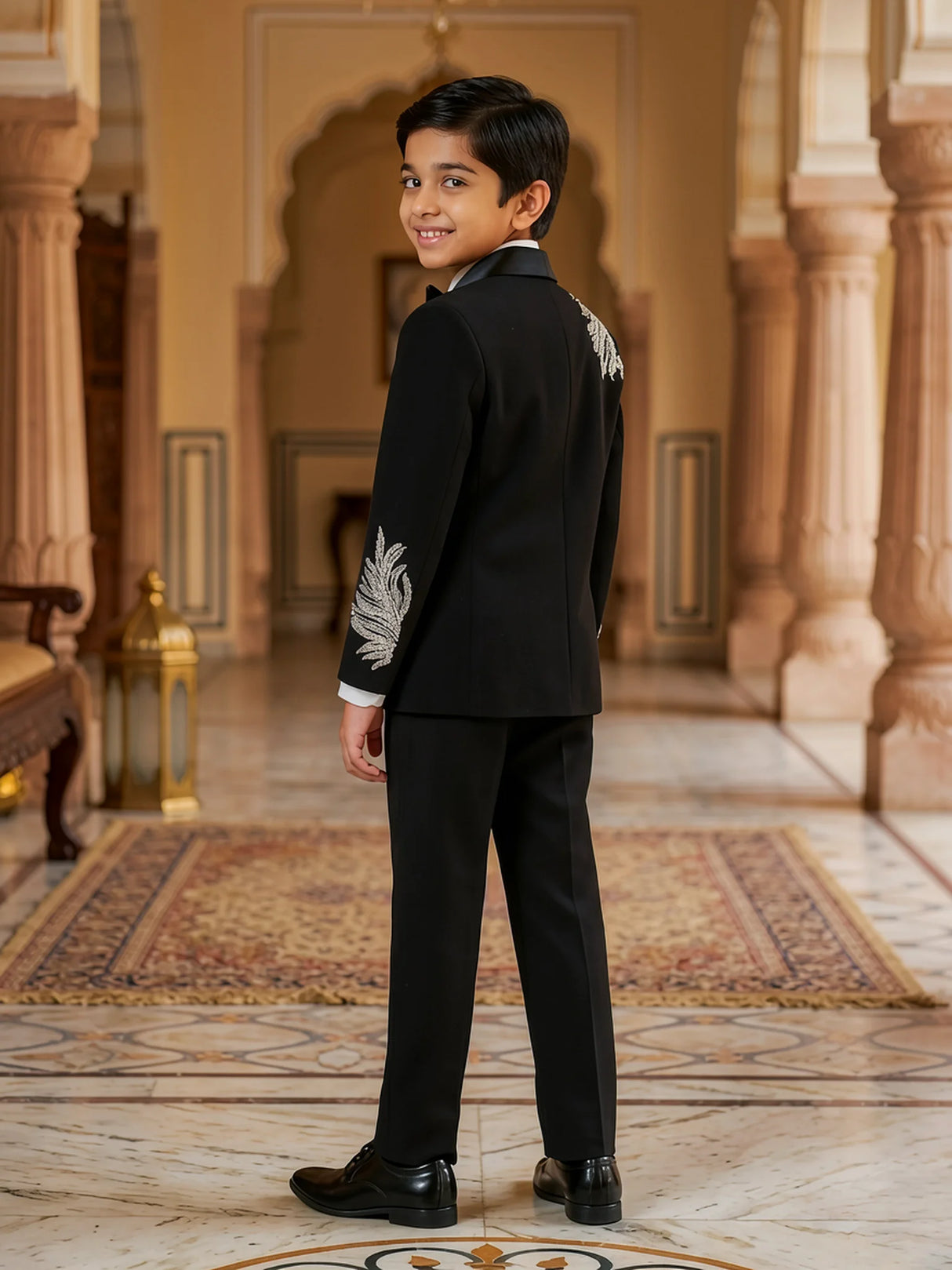 Boys' Sleek Black Coat Suit with Silver Shoulder Embroidery ()
