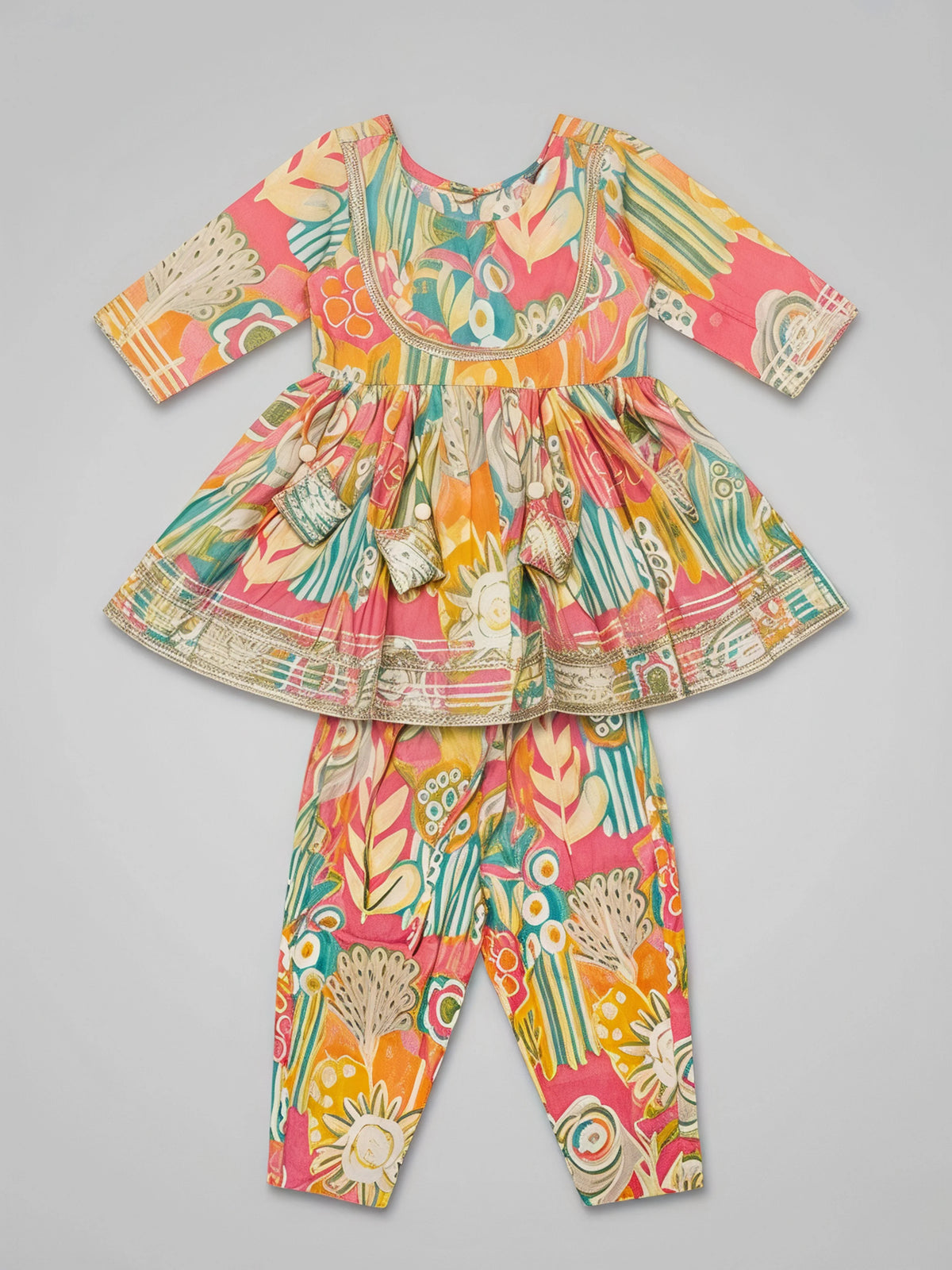 Girls Yellow Printed Ethnic Plazzo Set.