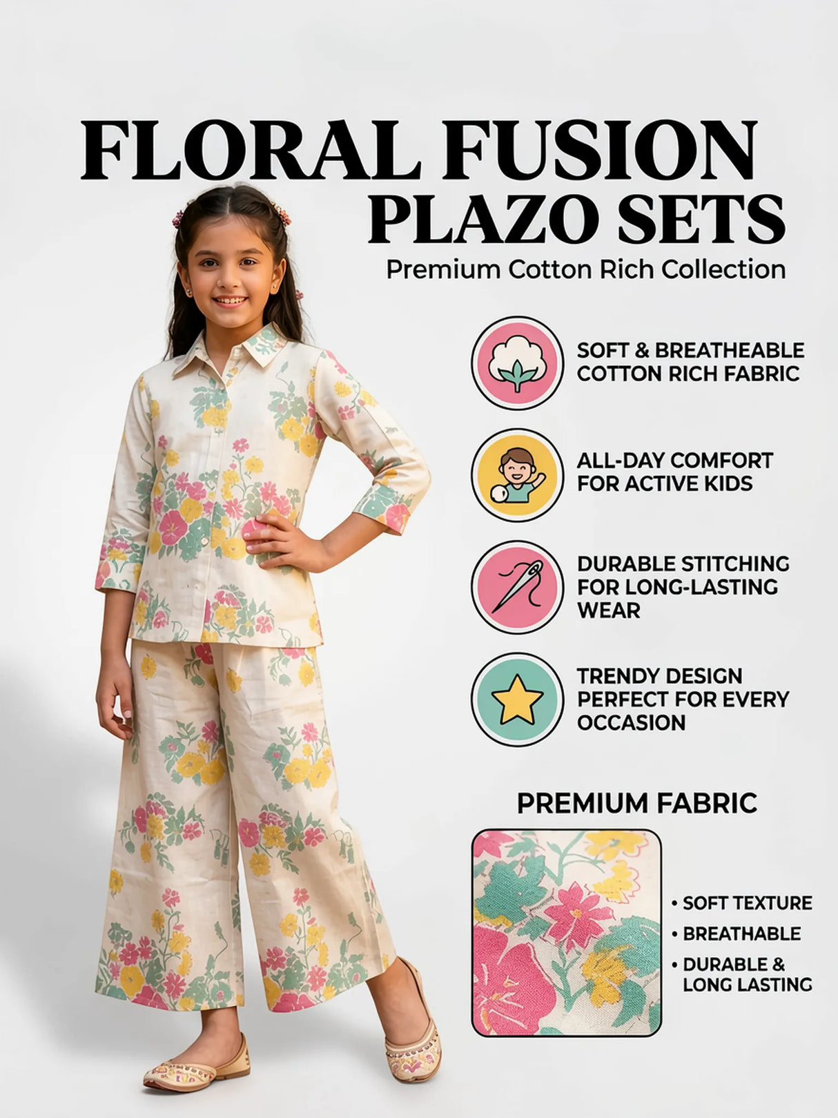 Girls Floral Print Cotton Palazzo Set in Mint Green