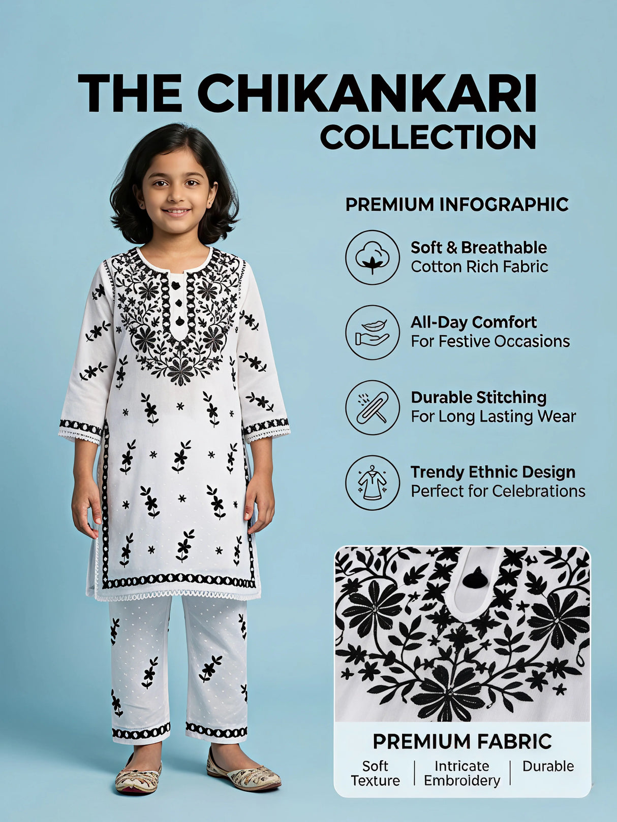 Girls Elegant Off-White & Black Chikankari Kurta Set