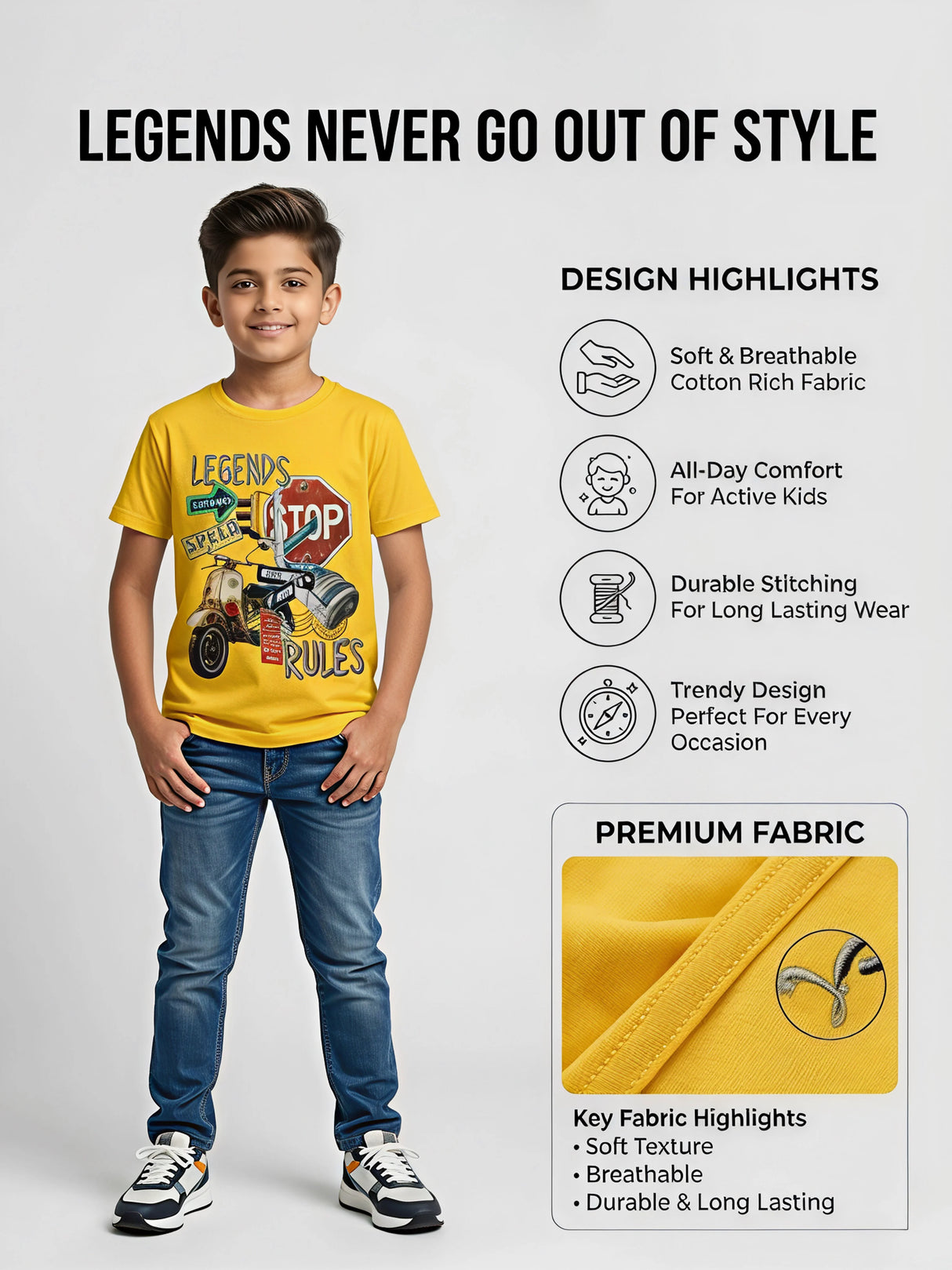 Boys Yellow "Legends Rules" Graphic Print T-Shirt