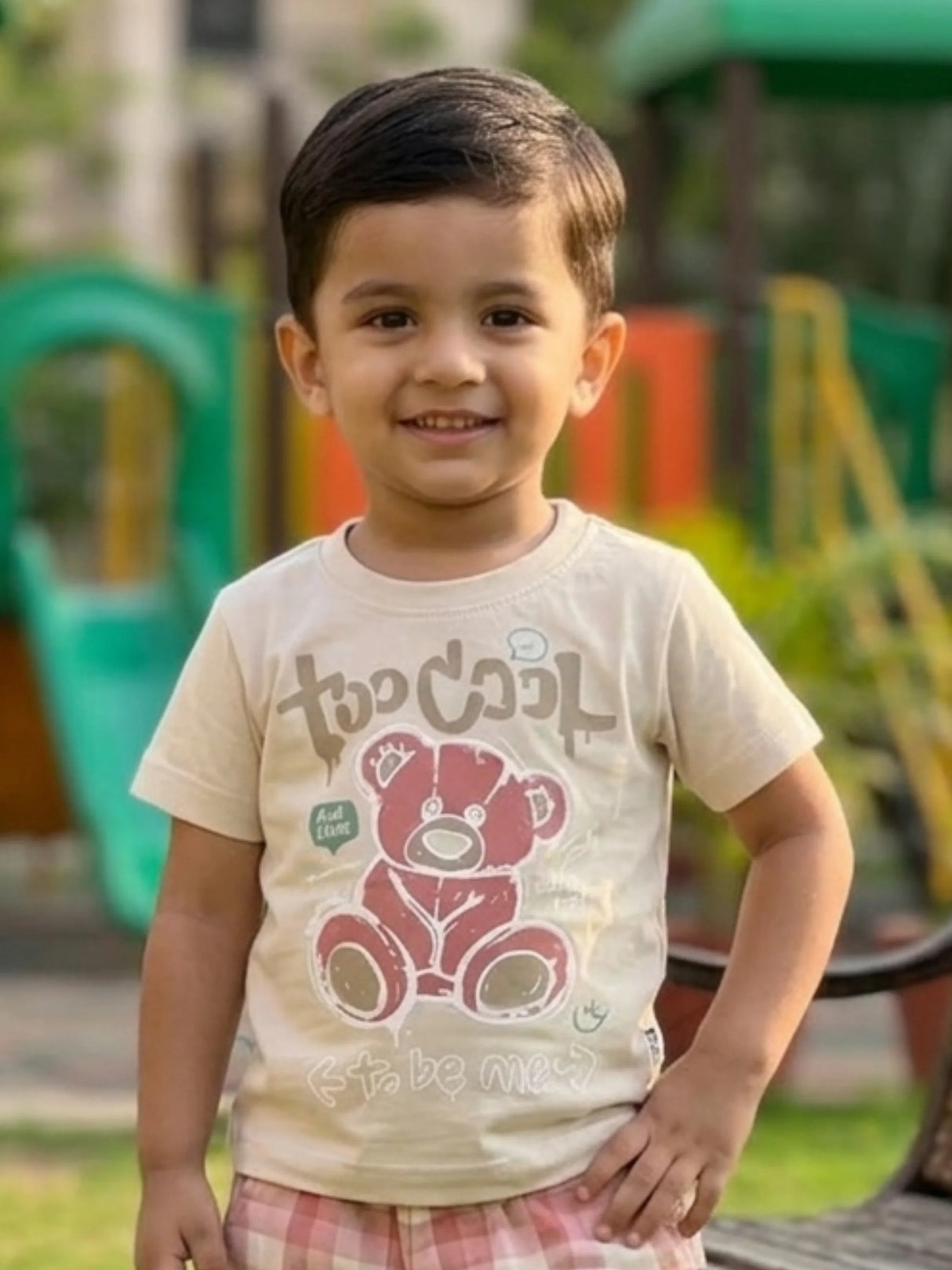 Boys Maroon Bear Print T-Shirt & Checkered Shorts Co-ord Set