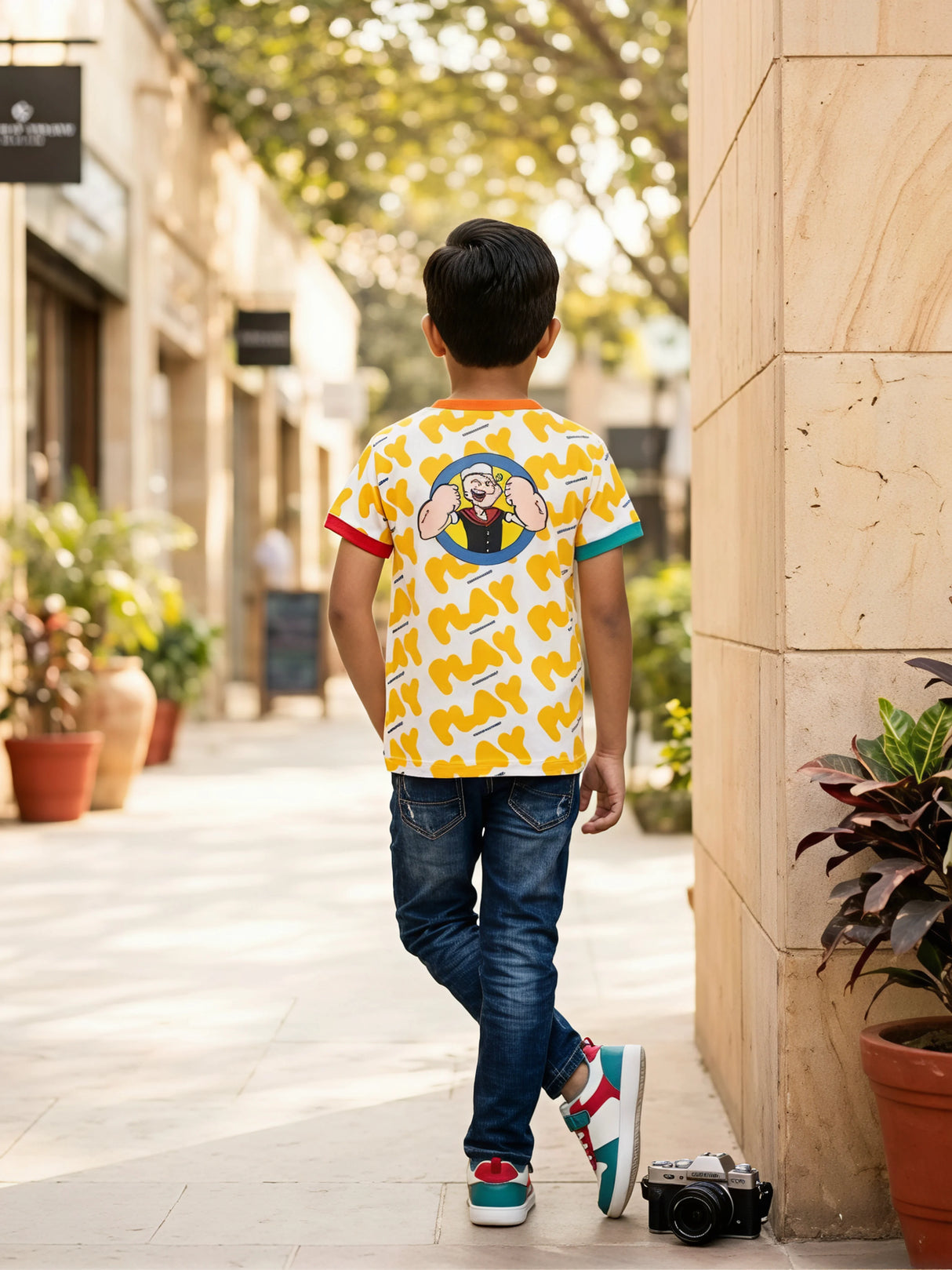 Boys Orange Play Typography Printed Round Neck T-Shirt