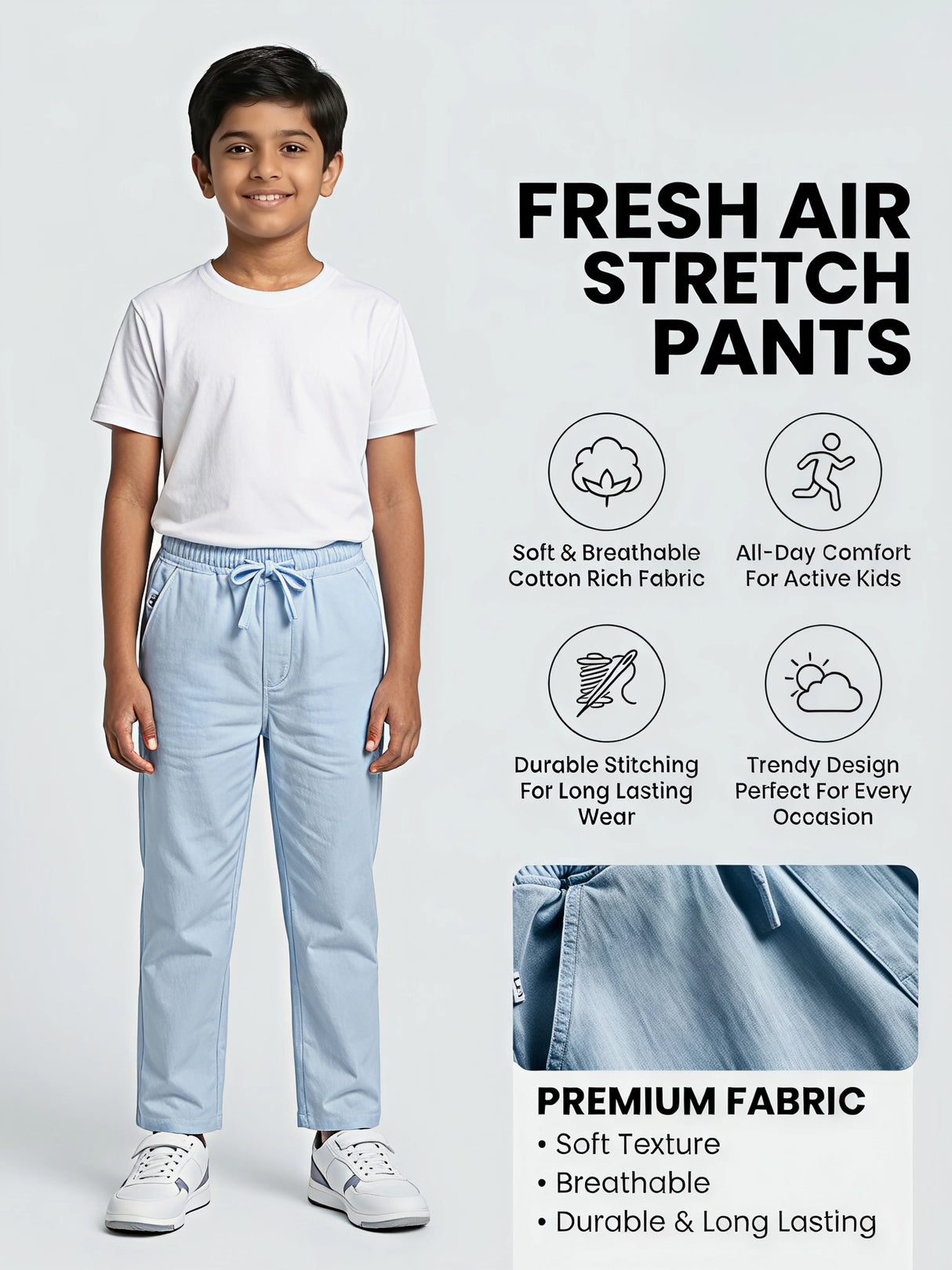 Boys Light Blue Comfort Fit Drawstring Pants