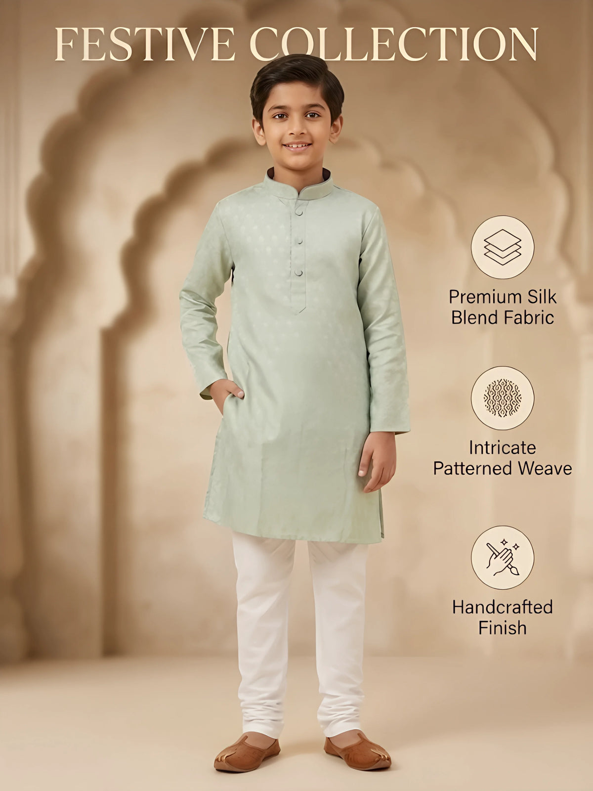Green Floral Print Kurta Pajama Set for Boys