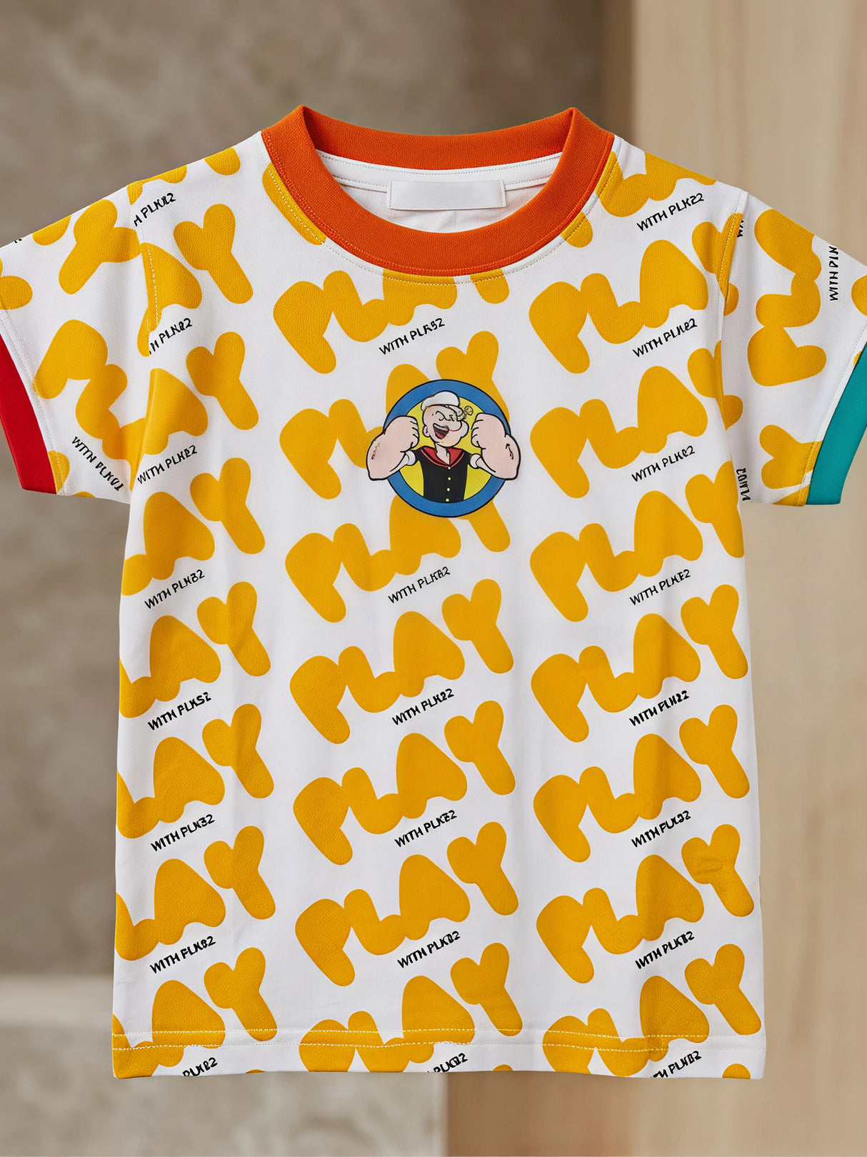 Boys Orange Play Typography Printed Round Neck T-Shirt