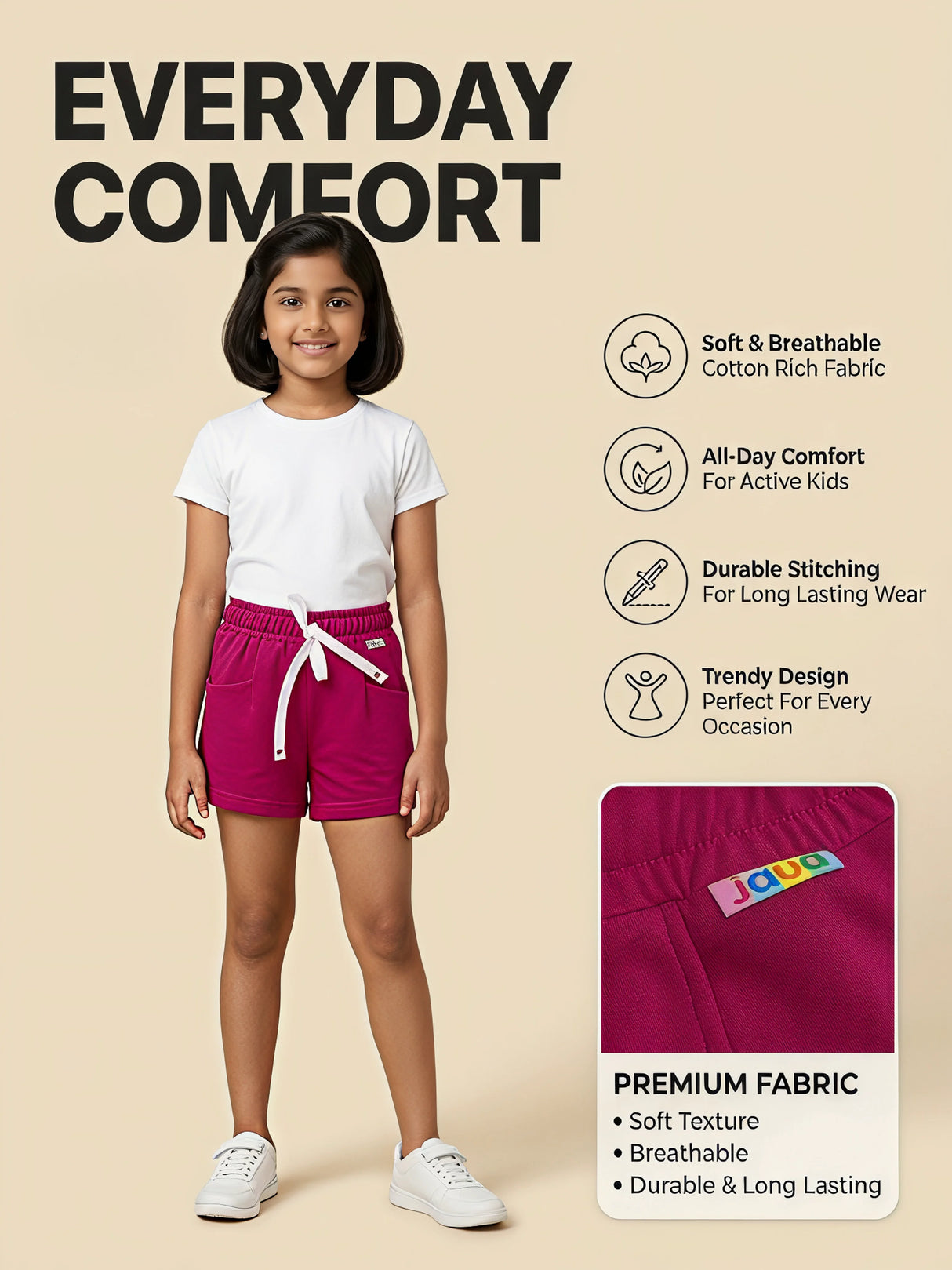 Girls Casual Rani Pink Cotton Shorts with Elasticated Drawstring Waist
