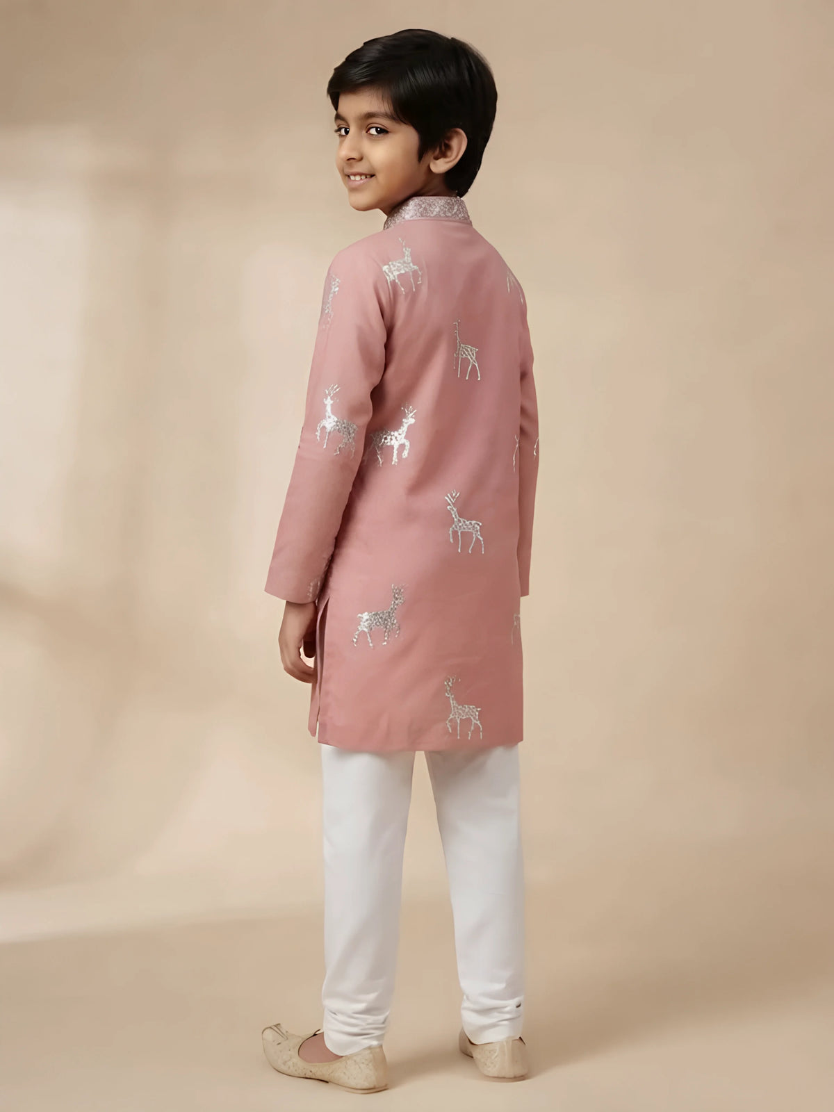 Pink Deer Print Kurta Pajama Set for Boys