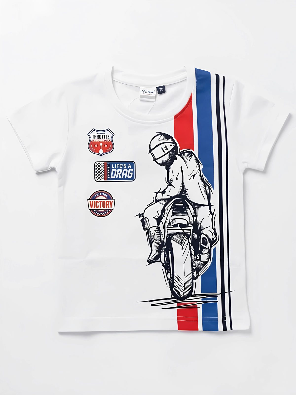 White Biker Graphic Print Round Neck T-Shirt Casual Wear