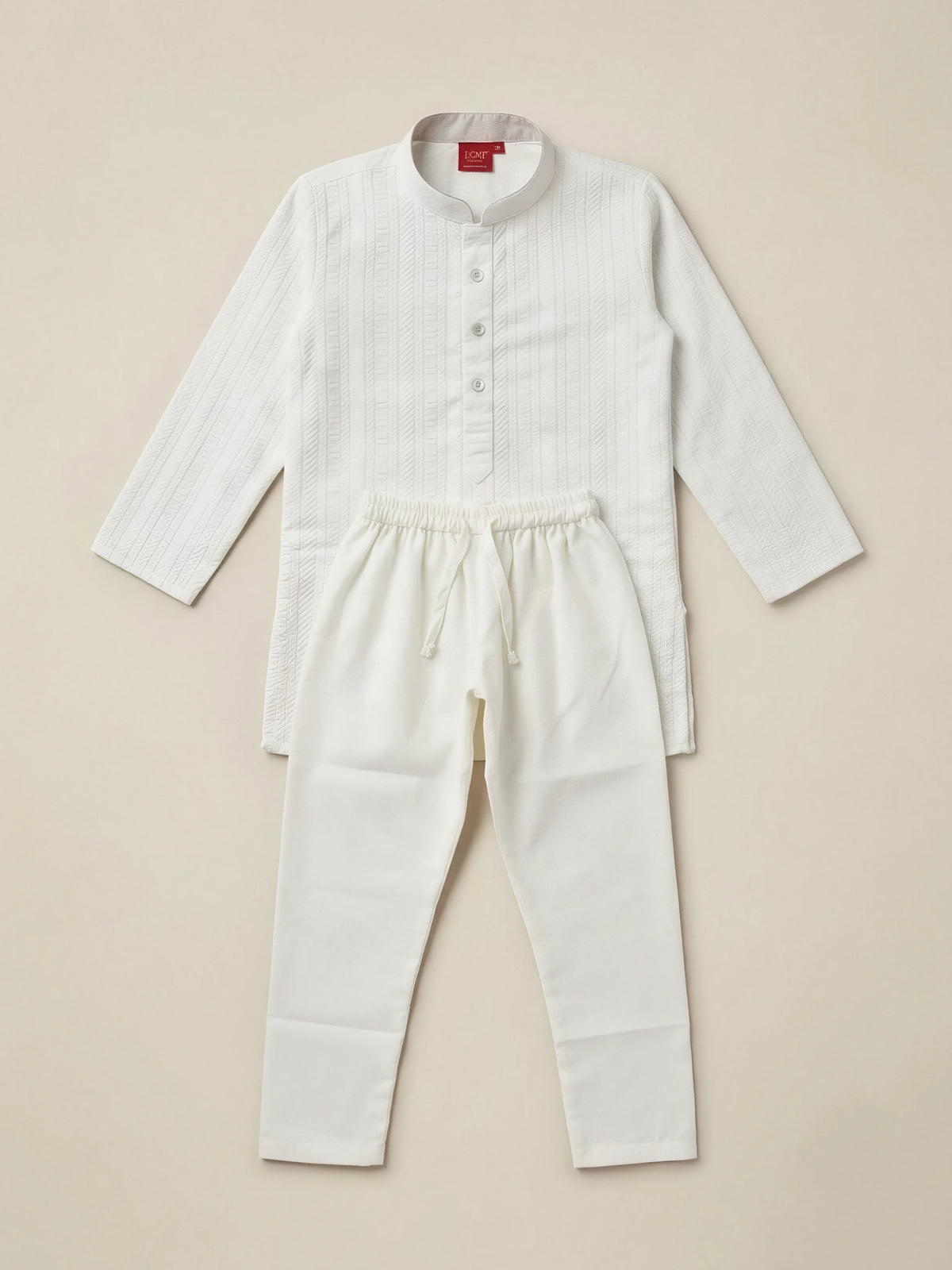 Boys White Textured Kurta Set.
