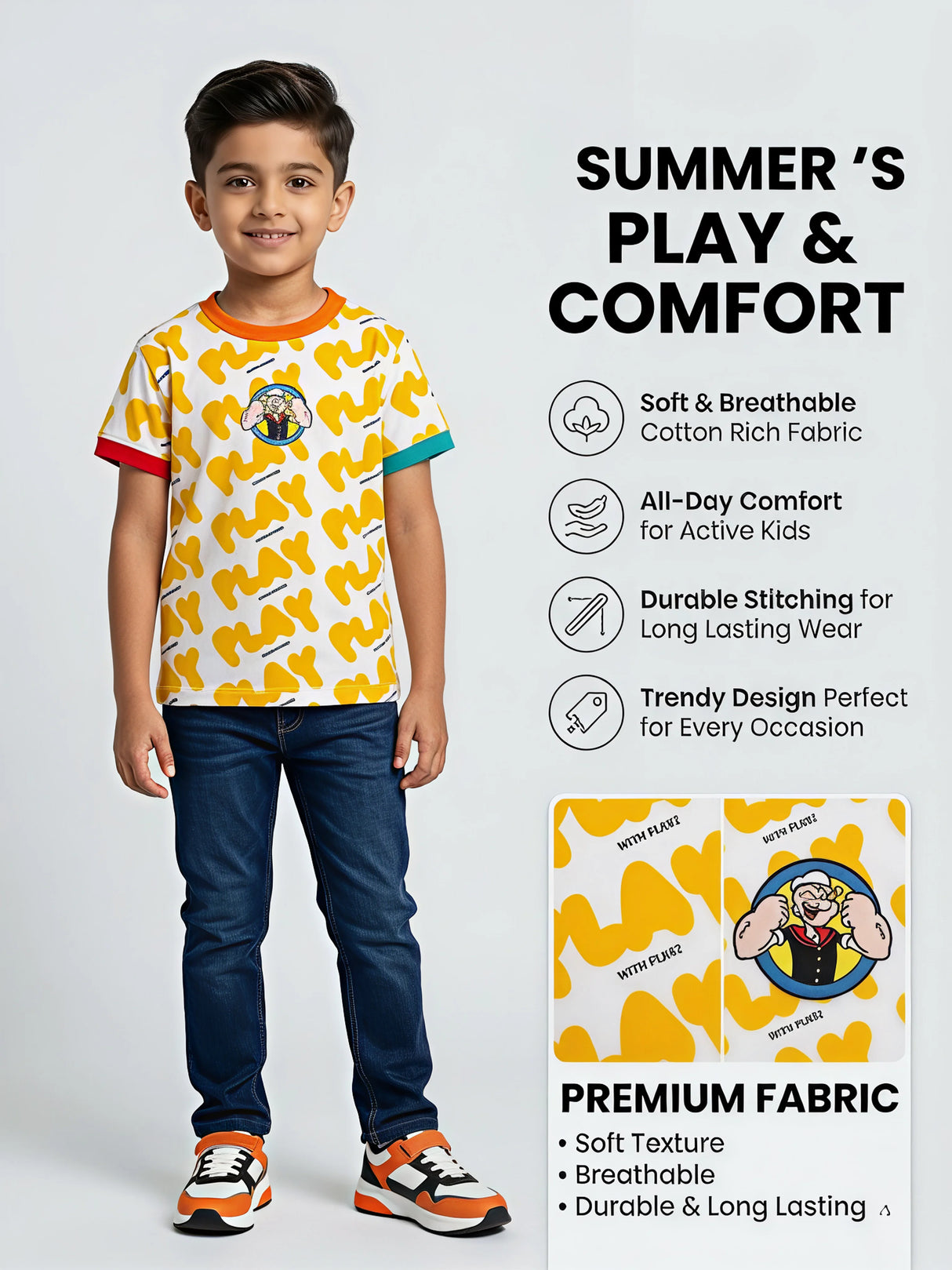 Boys Orange Play Typography Printed Round Neck T-Shirt