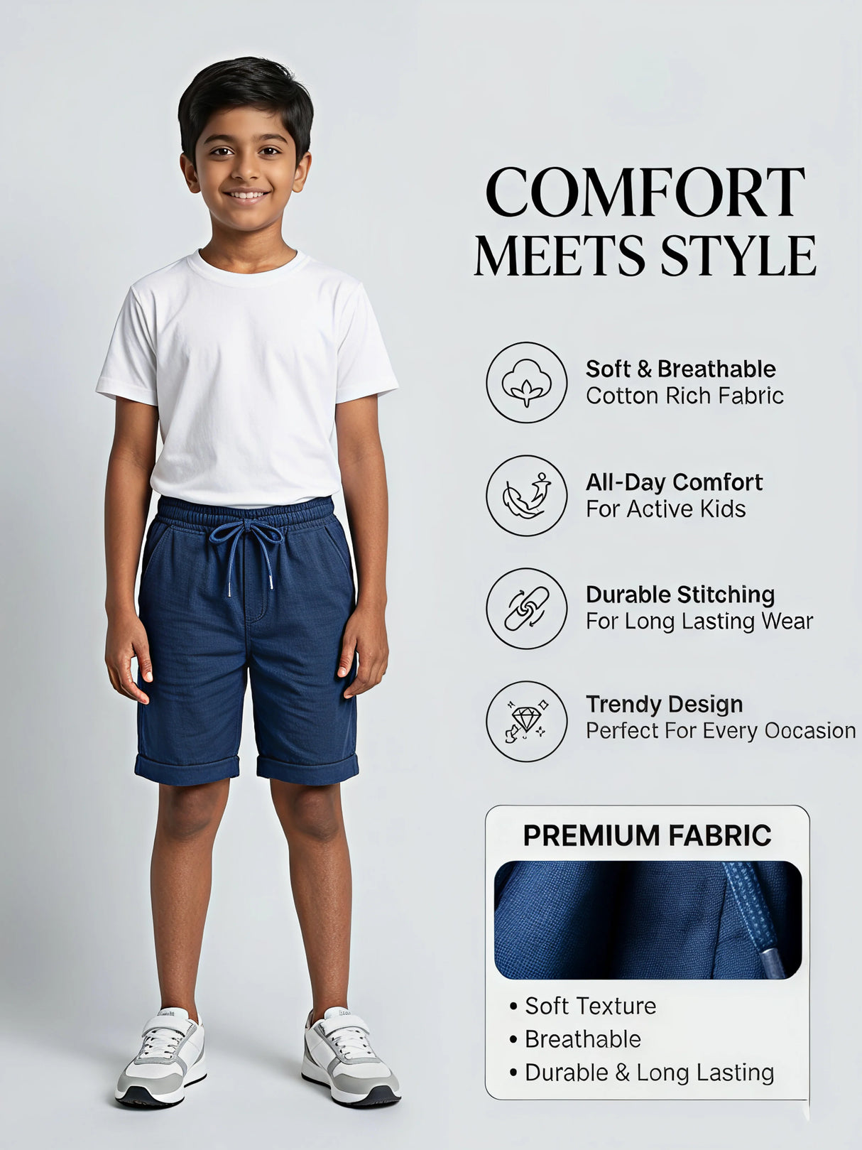 Boys' Navy Blue Cotton Drawstring Shorts - Classic Comfort