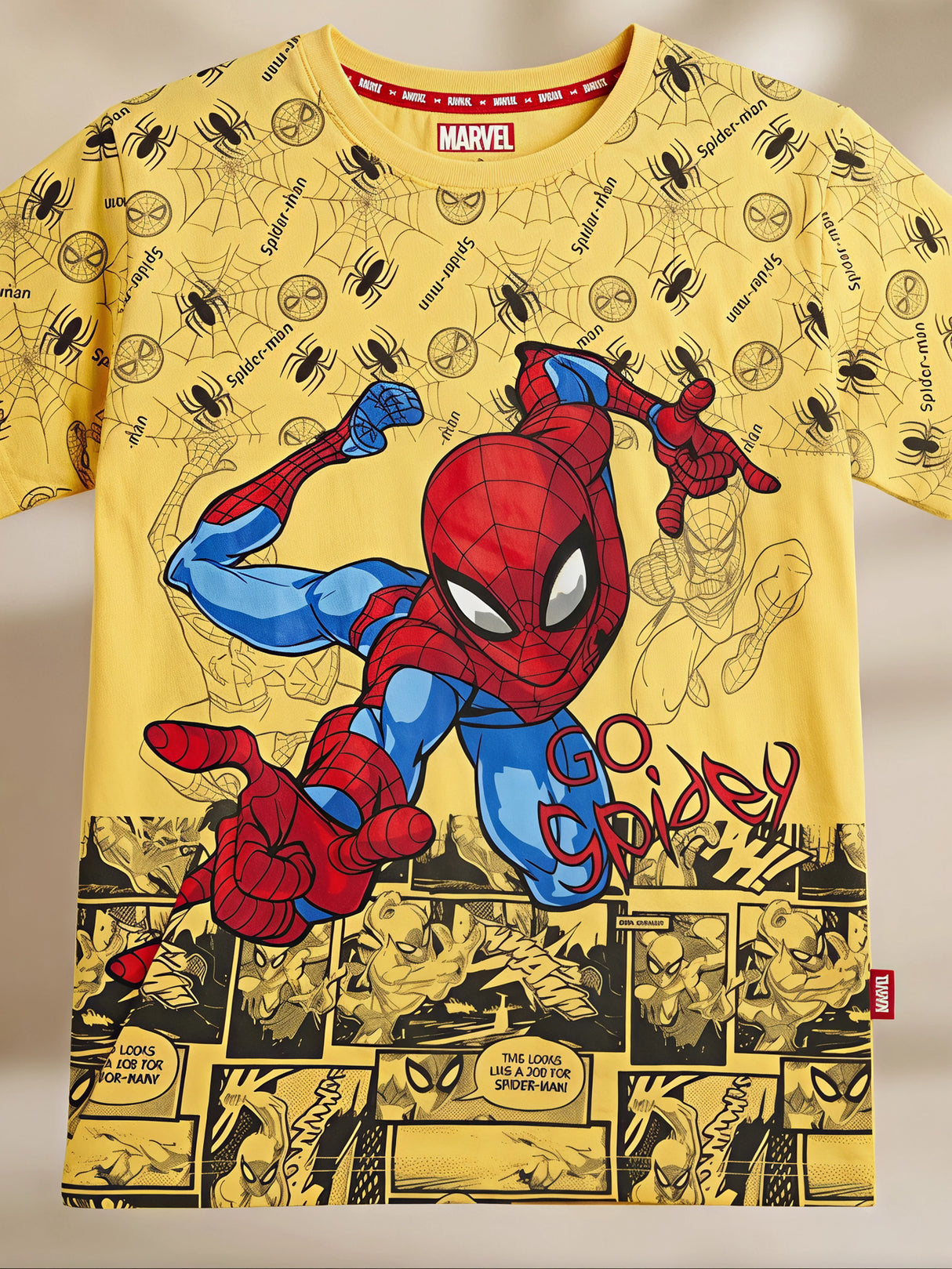 Boys Yellow Spider-Man Printed Cotton T-Shirt