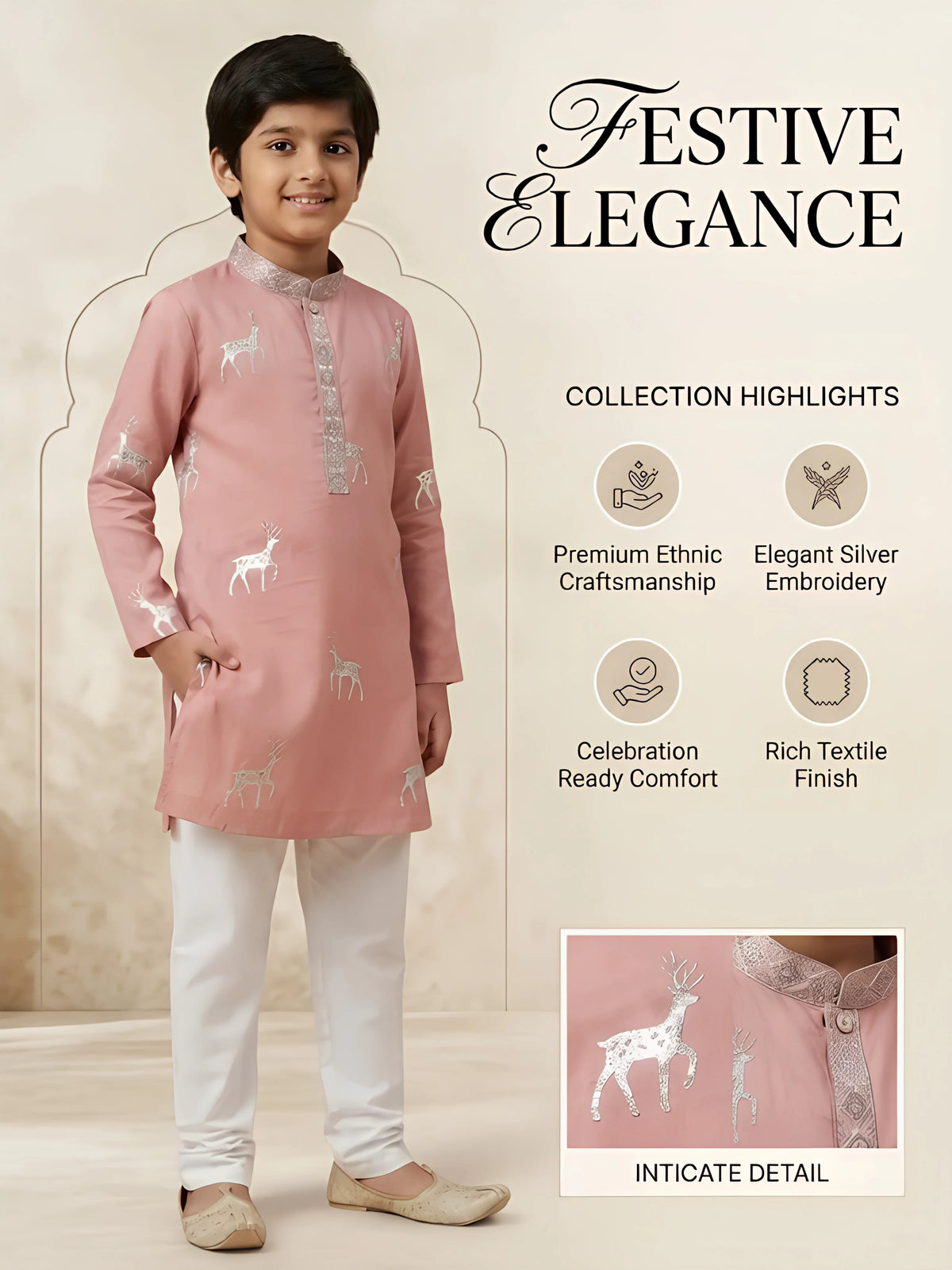 Pink Deer Print Kurta Pajama Set for Boys