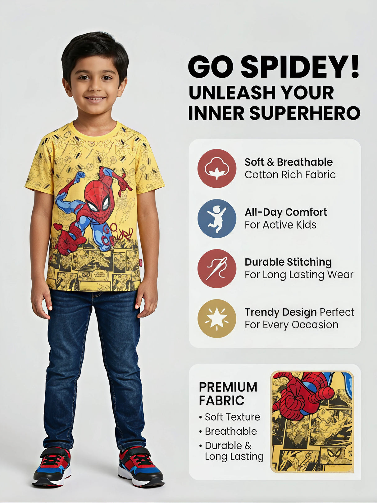 Boys Yellow Spider-Man Printed Cotton T-Shirt