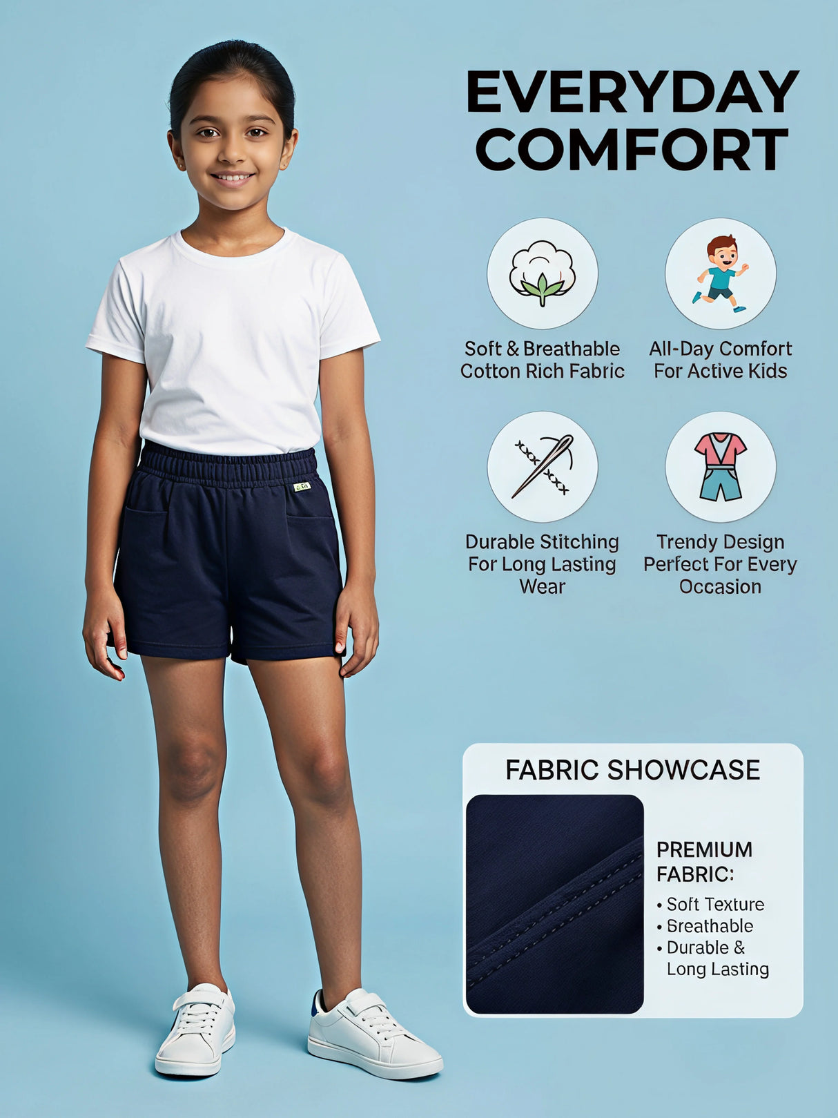 Girls Navy Blue Casual Cotton Shorts with Drawstring