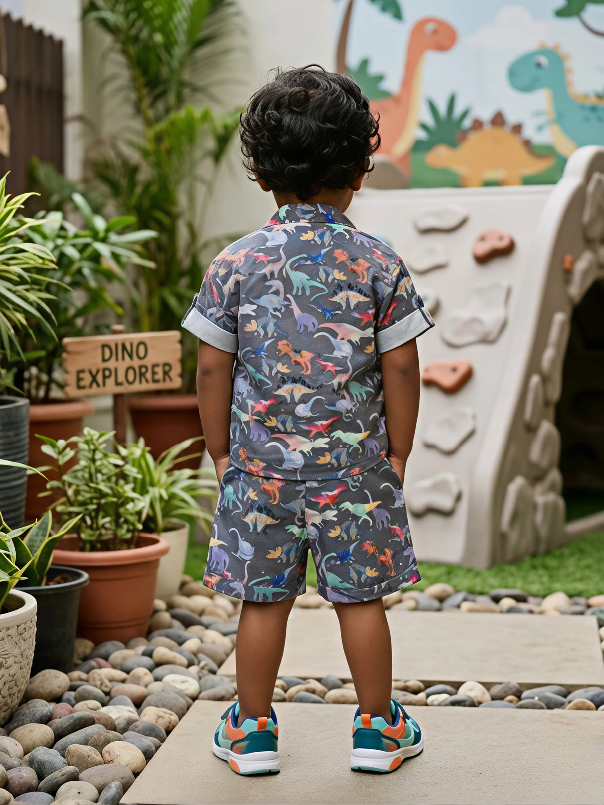Boys Grey Dinosaur Print Cotton Co-ord Set