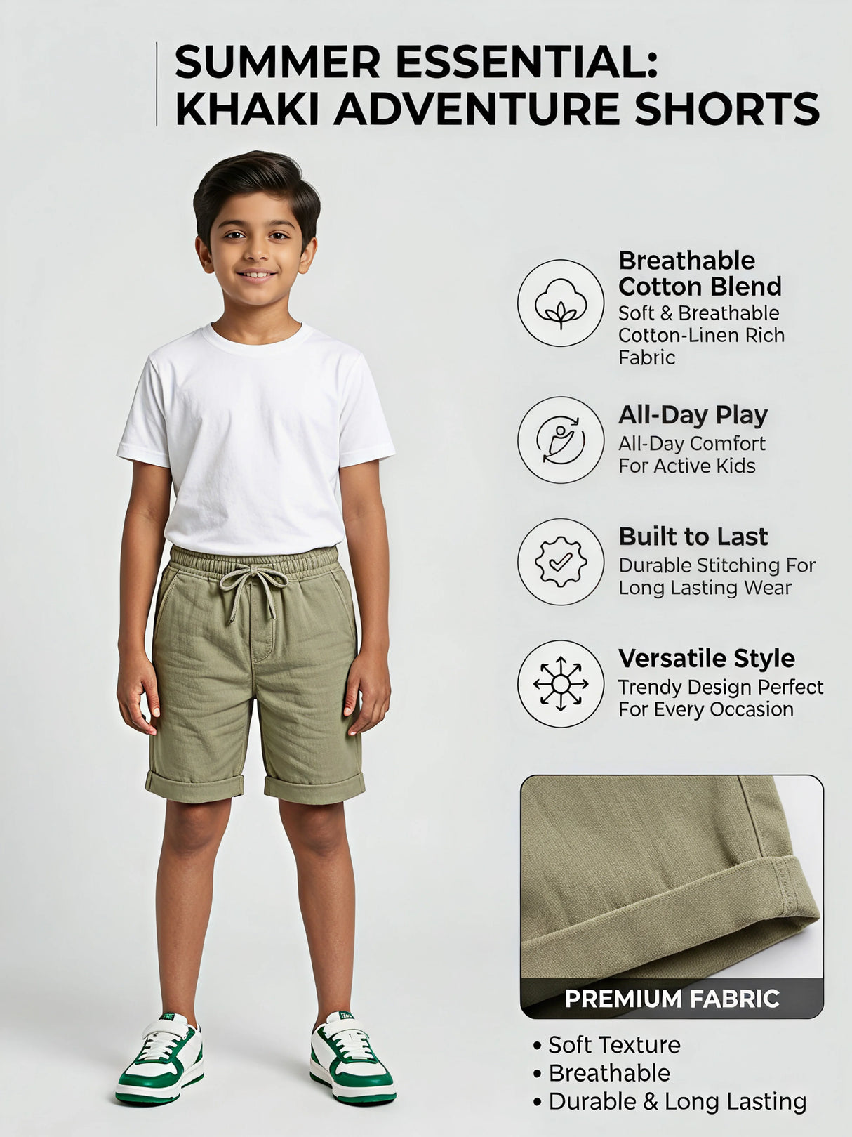 Boys’ Comfort-Stretch Cotton Drawstring Shorts - Olive Green