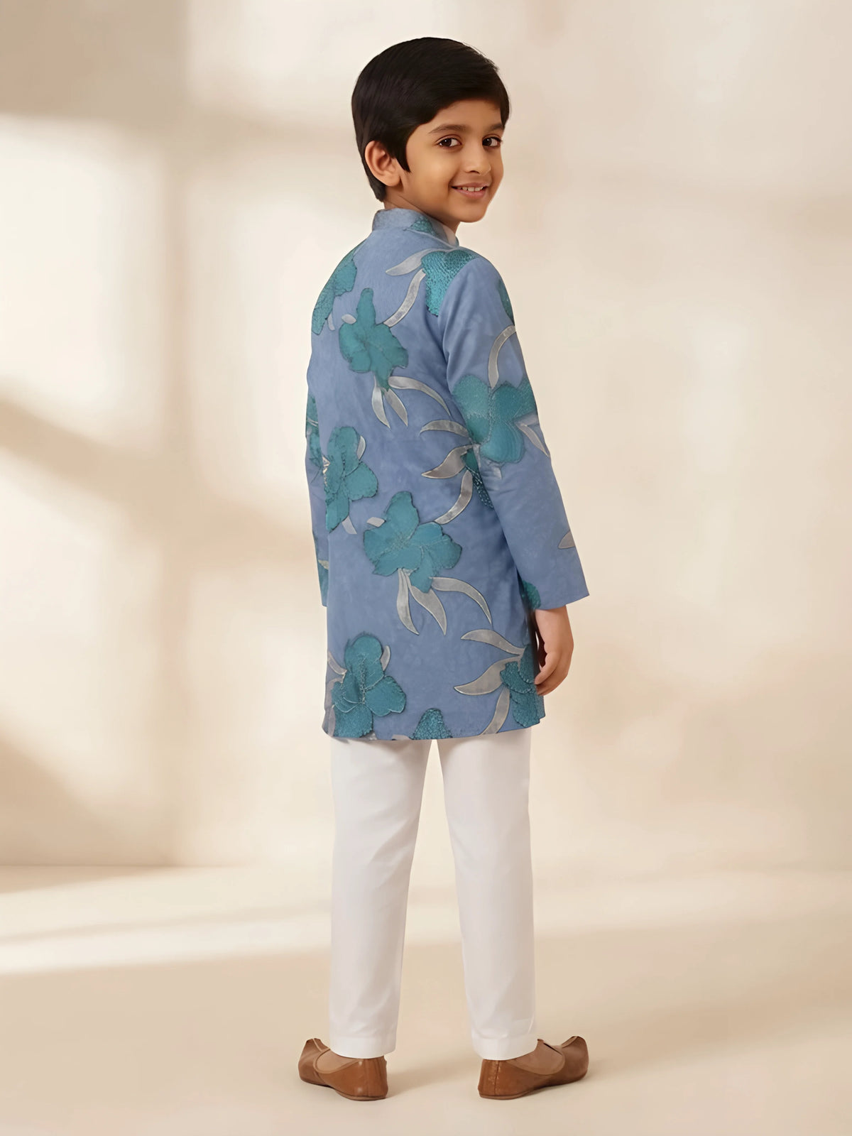 Blue Floral Embroidered Kurta Pajama Set for Boys
