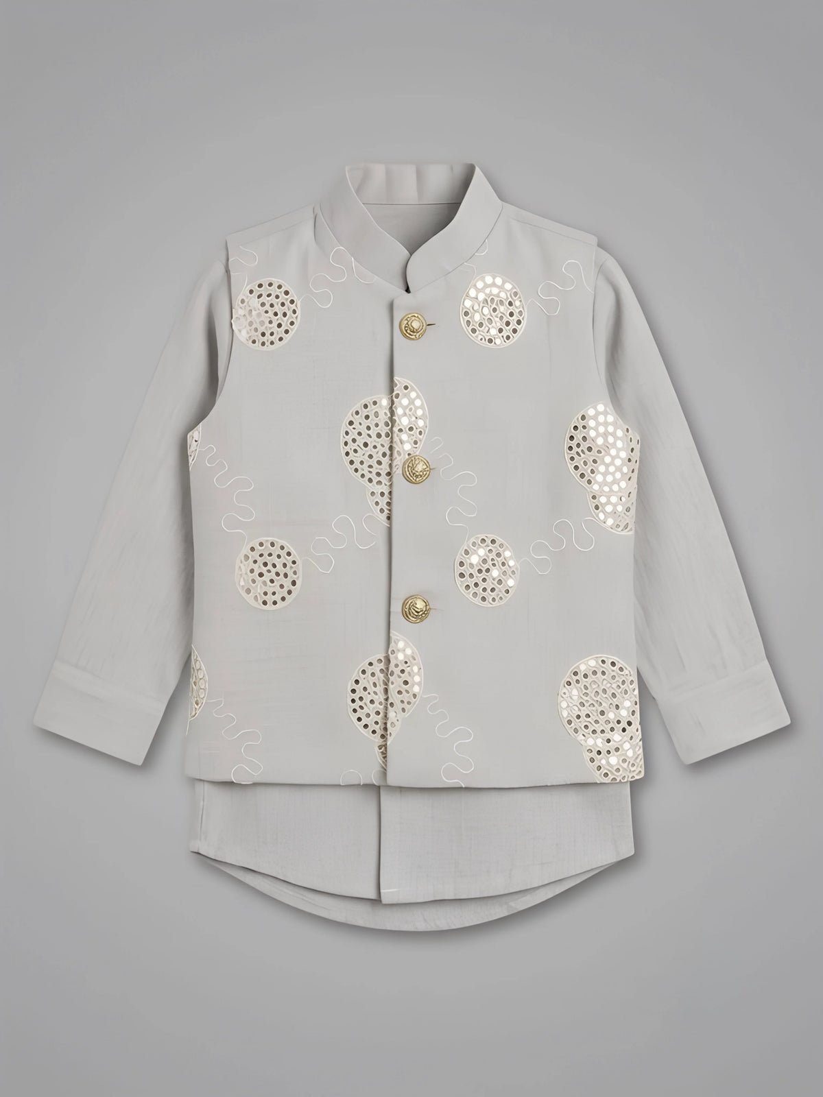 Cream Mirror Work Kurta Pajama with Jacket for Boys