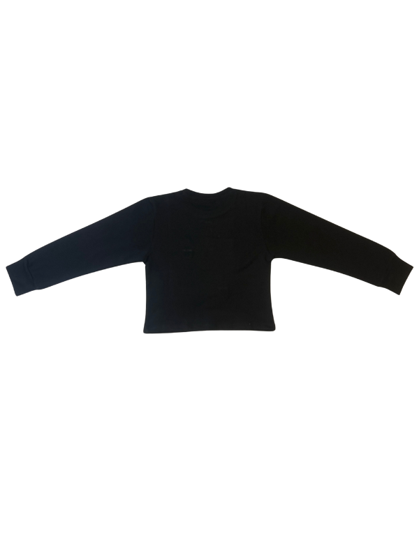 Girls' black long-sleeve top with four colorful patchwork squares and flower appliqués in neon pink, yellow, green, and blue on the chest.
Export to Sheets